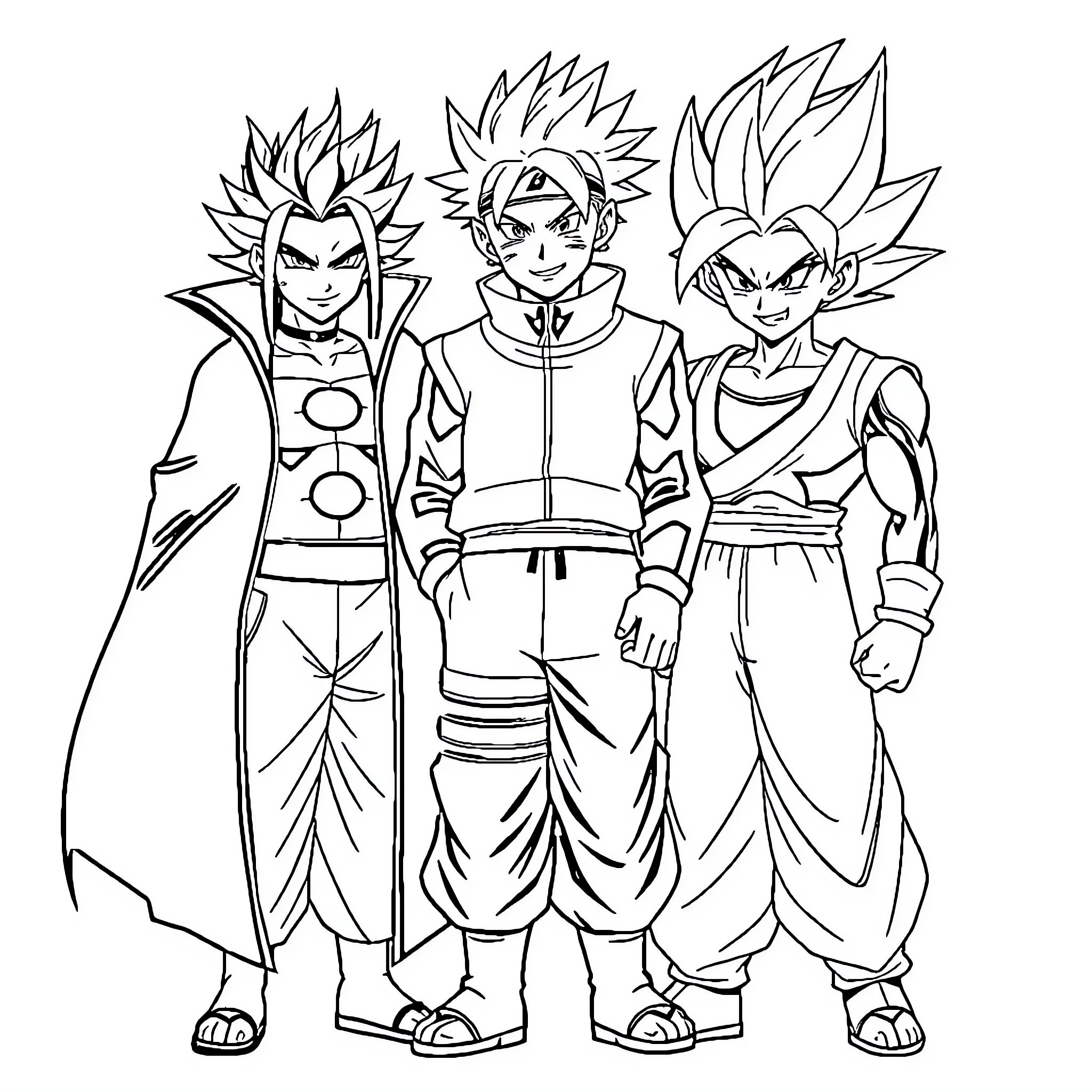 Villain Trio Donning Eccentric Anime-Style Outfits Coloring Page (free black-and-white line drawing printable PDF for all, from beginners to advanced learners, including children, teens, adults, and seniors)