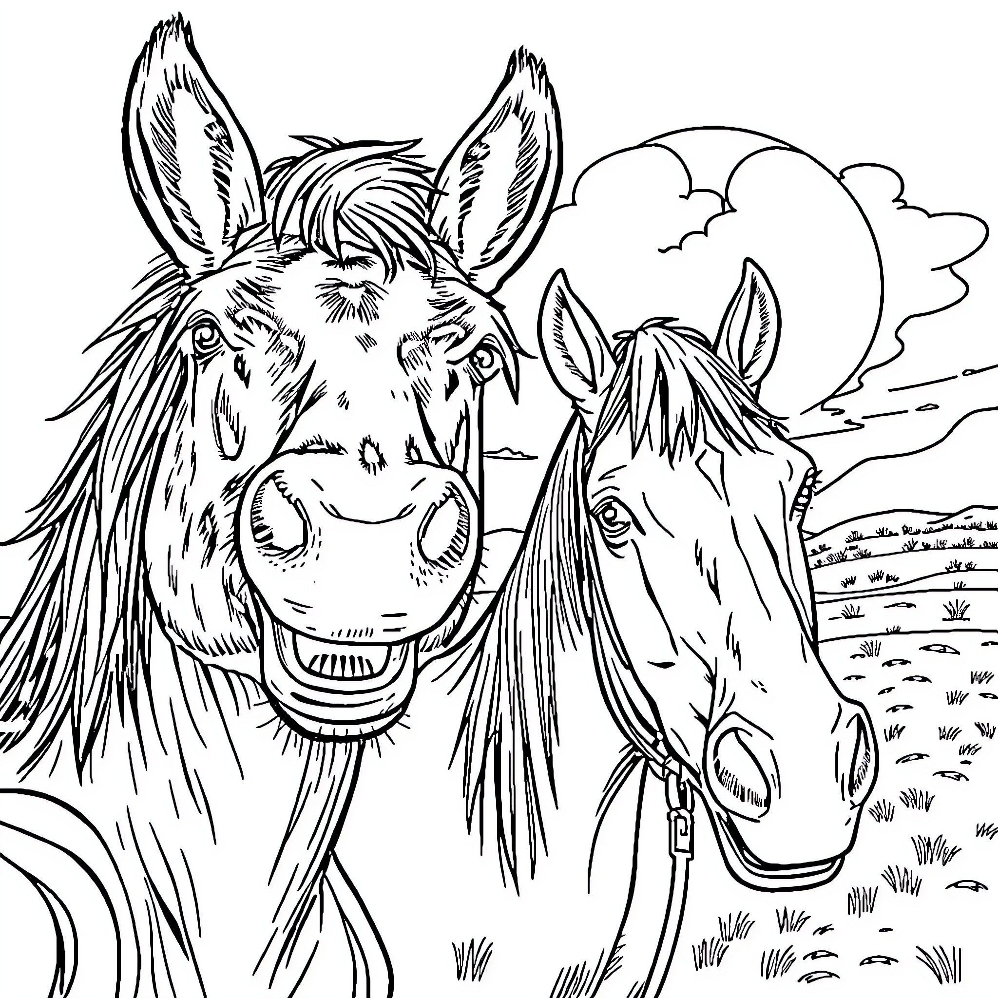 Bull and Horse Duo in the Countryside Coloring Page (free black-and-white line drawing printable PDF for all, from beginners to advanced learners, including children, teens, adults, and seniors)