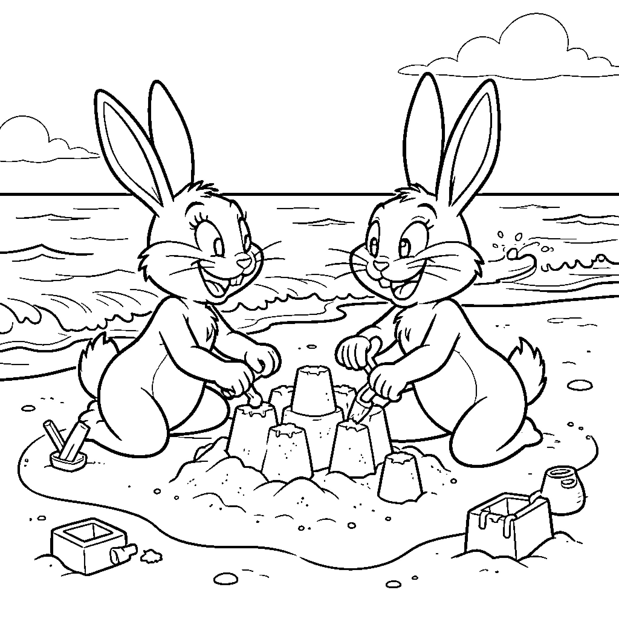 Rabbit duo building sandcastles on a beach Coloring Page (free black-and-white line drawing printable PDF for all, from beginners to advanced learners, including children, teens, adults, and seniors)