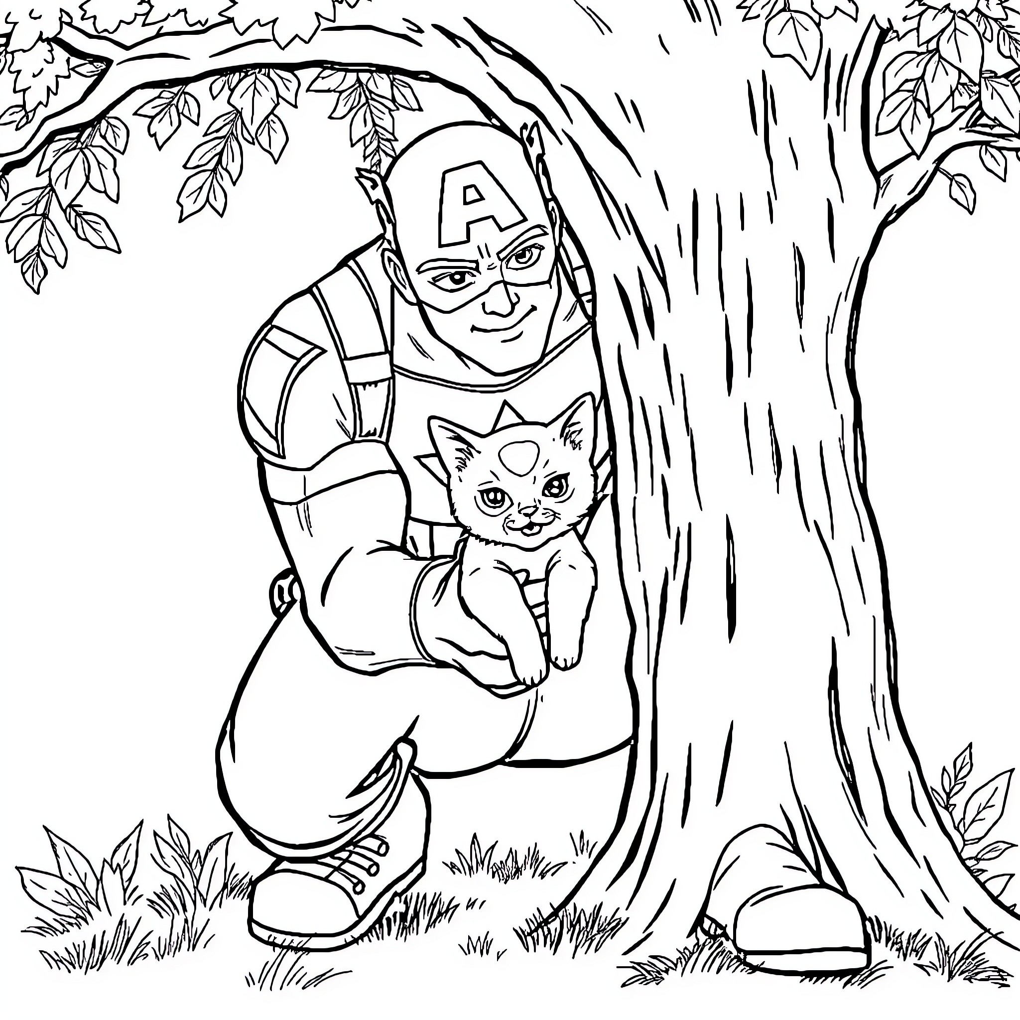 Captain America Rescues Kitten from Tree Coloring Page (free black-and-white line drawing printable PDF for all, from beginners to advanced learners, including children, teens, adults, and seniors)