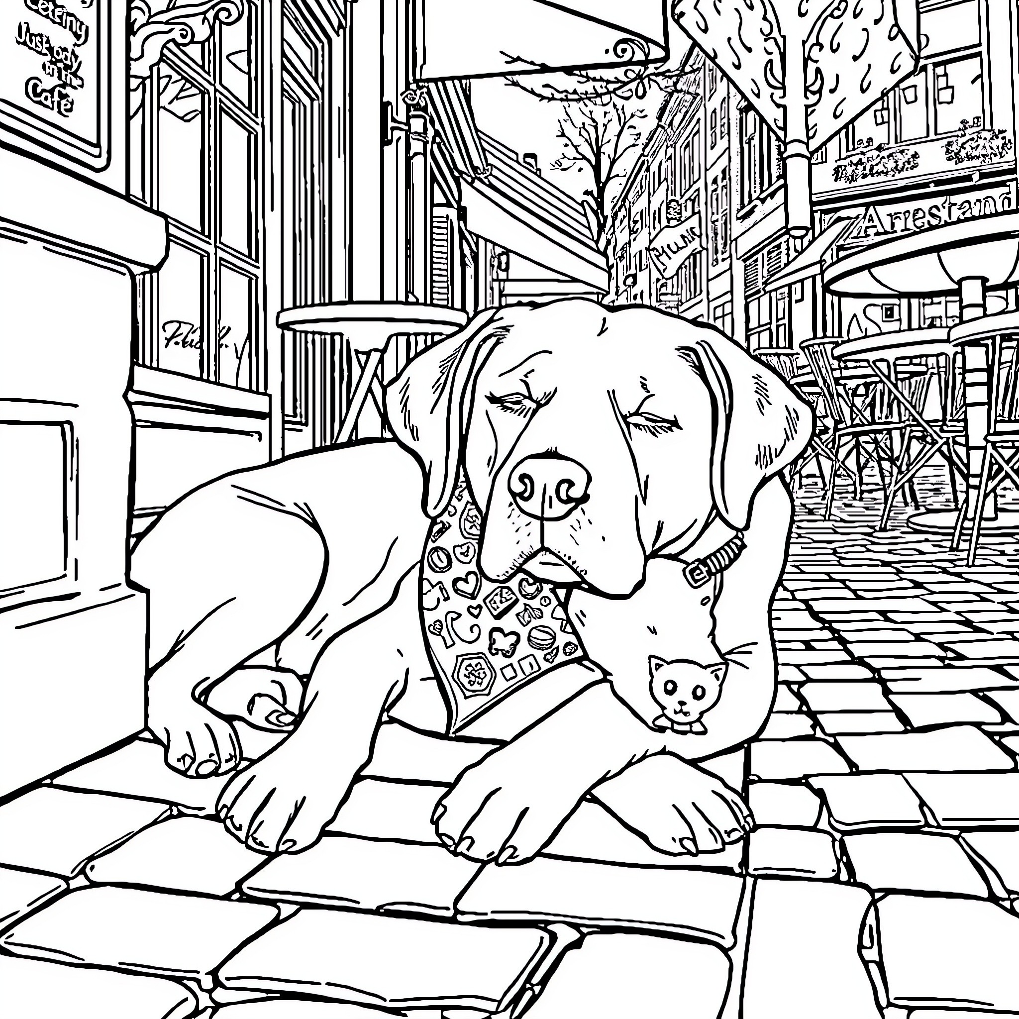 Labrador Exploring the Busy City Street Coloring Page (free black-and-white line drawing printable PDF for all, from beginners to advanced learners, including children, teens, adults, and seniors)