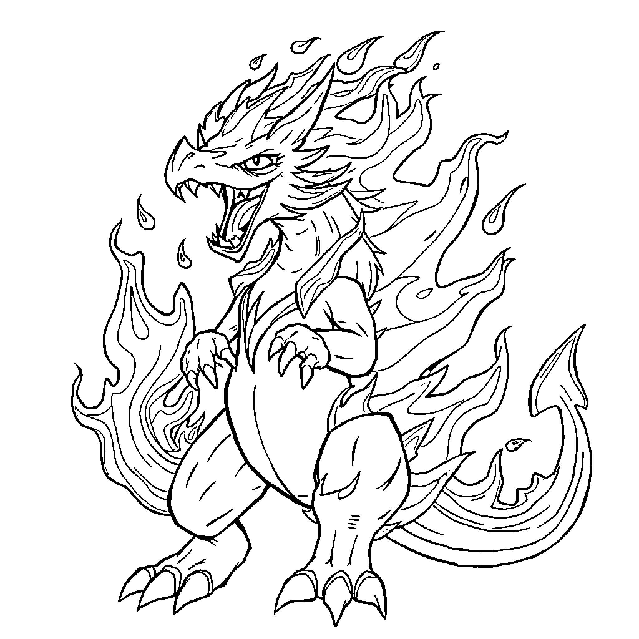 Blaze of a Fierce Dragon Creature Coloring Page (free black-and-white line drawing printable PDF for all, from beginners to advanced learners, including children, teens, adults, and seniors)