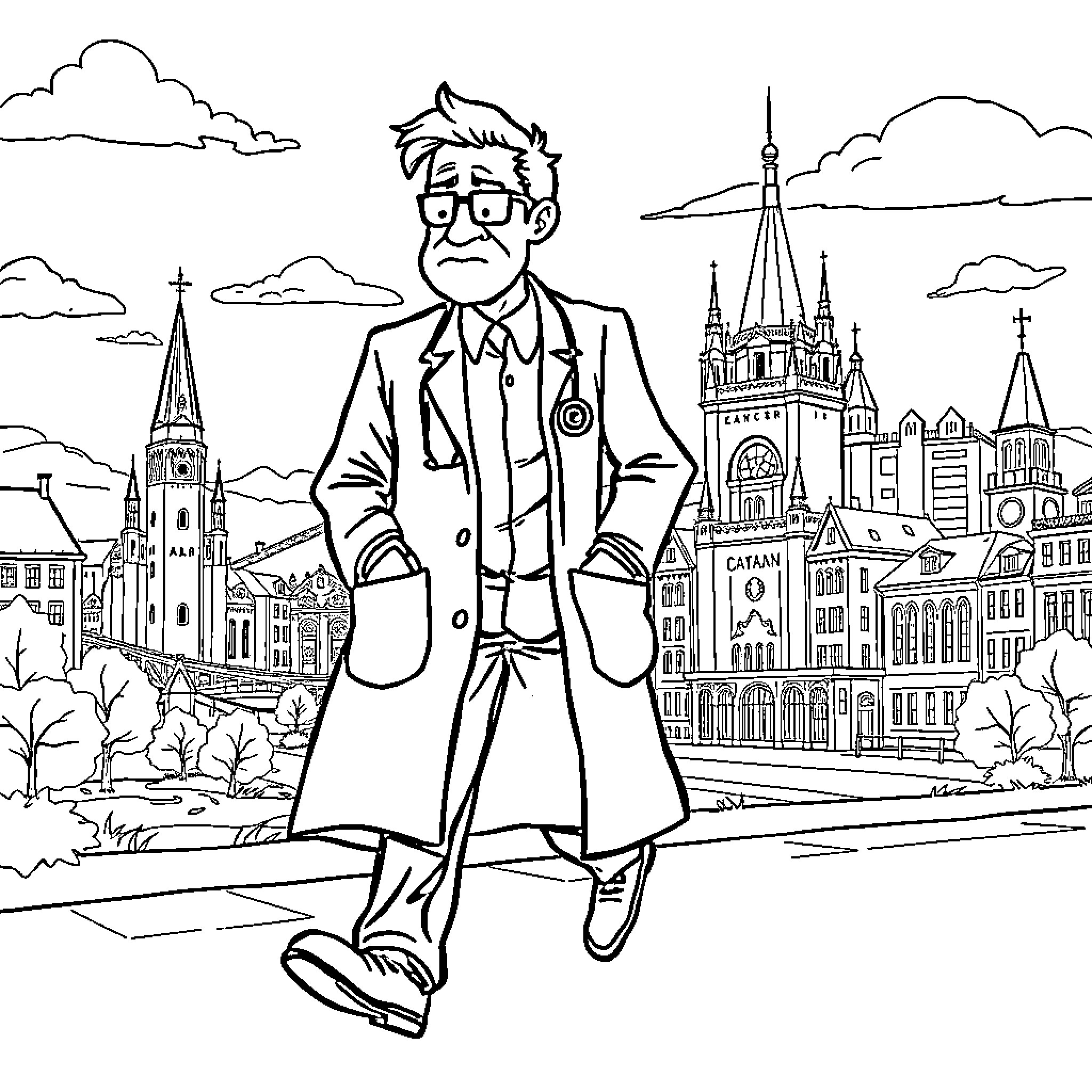 Doctor Exploring a Whimsical City Landscape Coloring Page (free black-and-white line drawing printable PDF for all, from beginners to advanced learners, including children, teens, adults, and seniors)