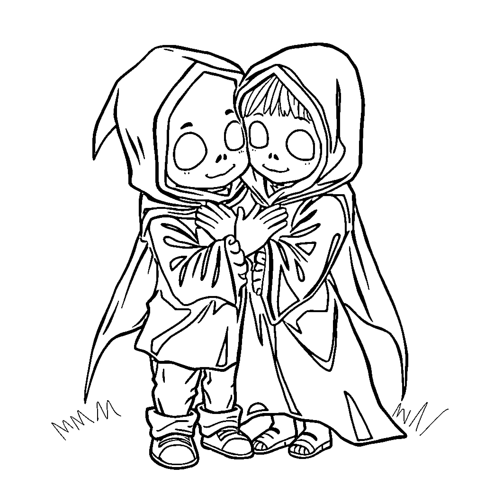 Grim Reaper Embracing Young Child Coloring Page (free black-and-white line drawing printable PDF for all, from beginners to advanced learners, including children, teens, adults, and seniors)