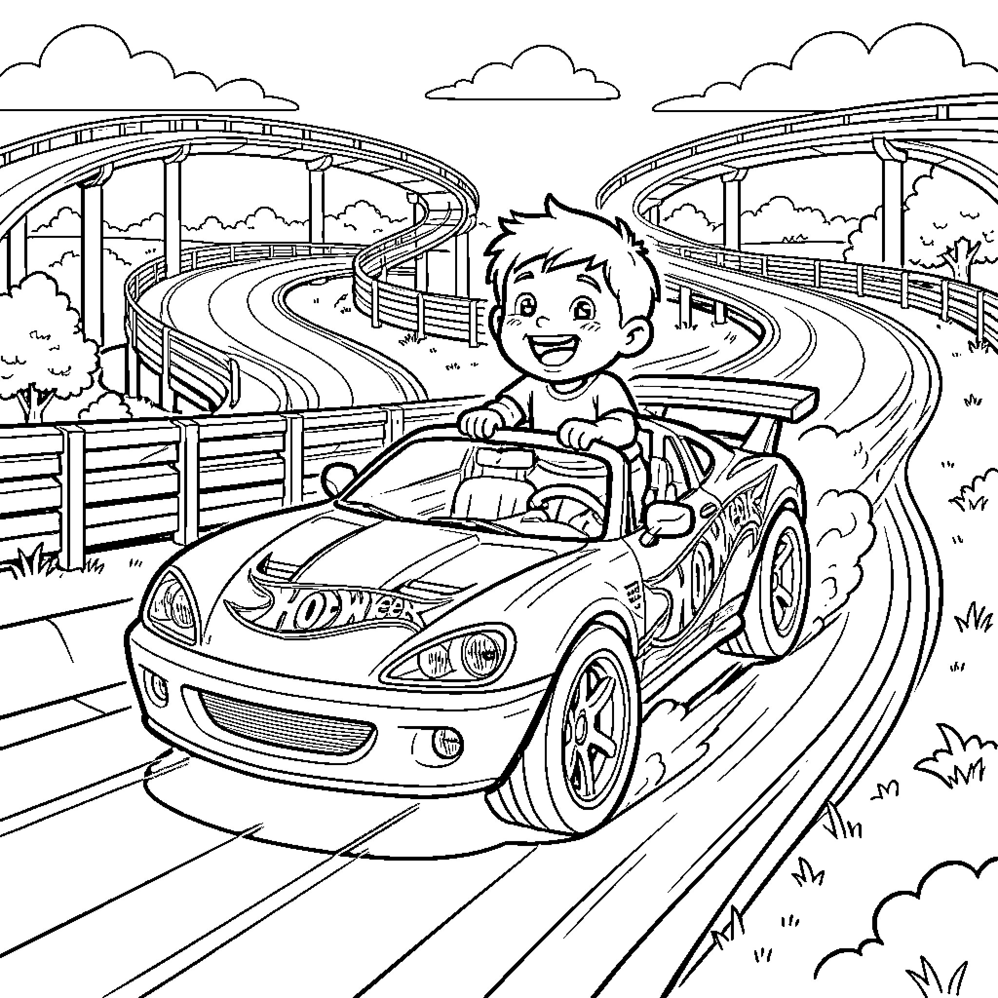 Hotwheels racer boy speeding through track Coloring Page (free black-and-white line drawing printable PDF for all, from beginners to advanced learners, including children, teens, adults, and seniors)
