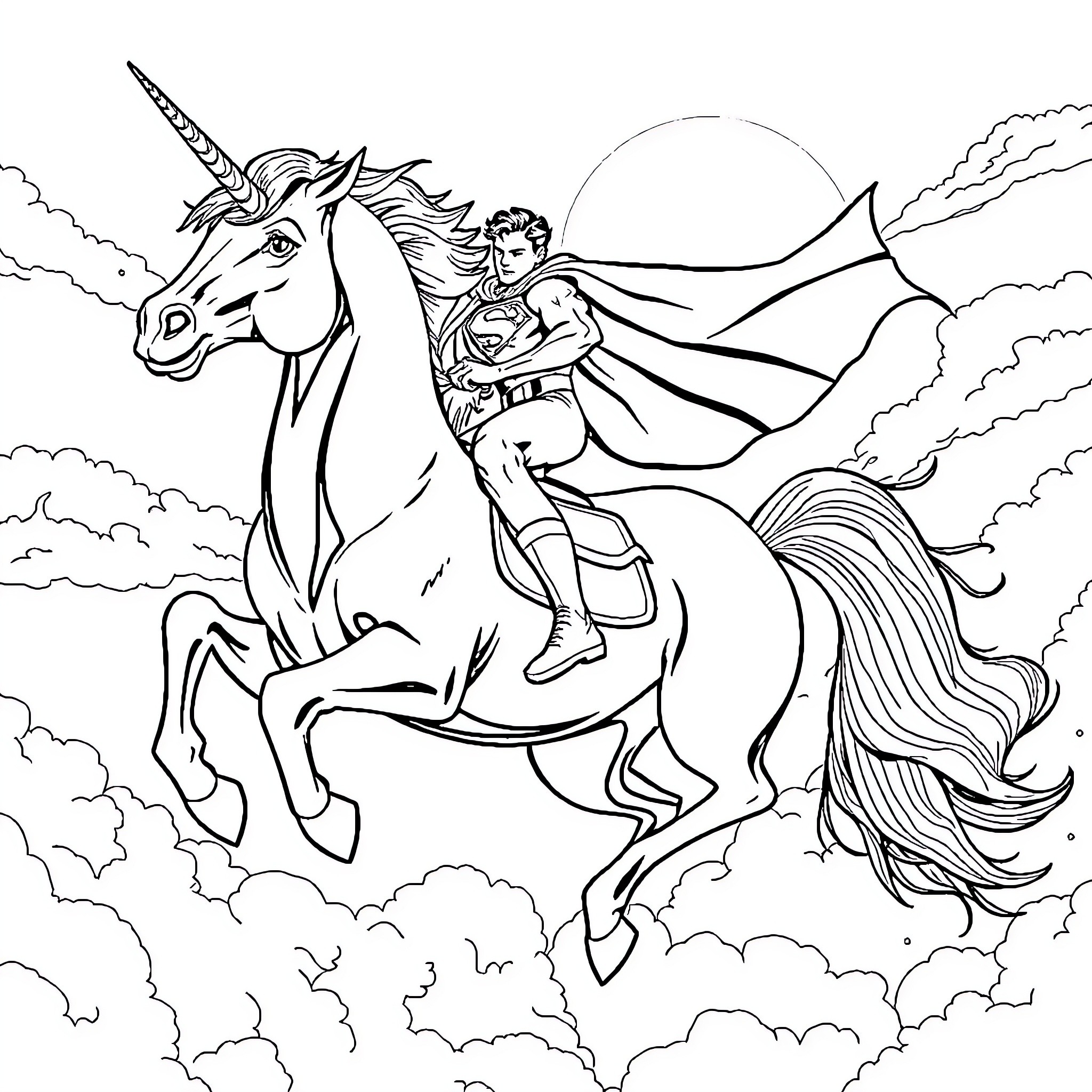 Superman riding a majestic unicorn in the sky Coloring Page (free black-and-white line drawing printable PDF for all, from beginners to advanced learners, including children, teens, adults, and seniors)