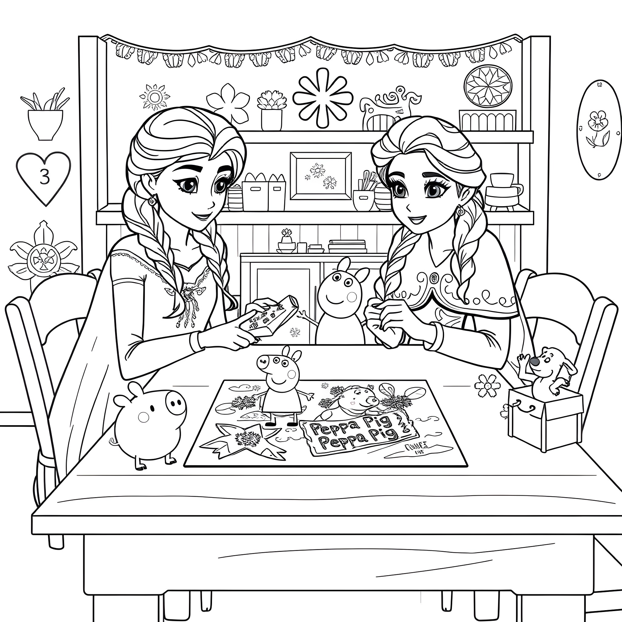 Anna and Elsa Craft Together in the Cozy Room Coloring Page (free black-and-white line drawing printable PDF for all, from beginners to advanced learners, including children, teens, adults, and seniors)