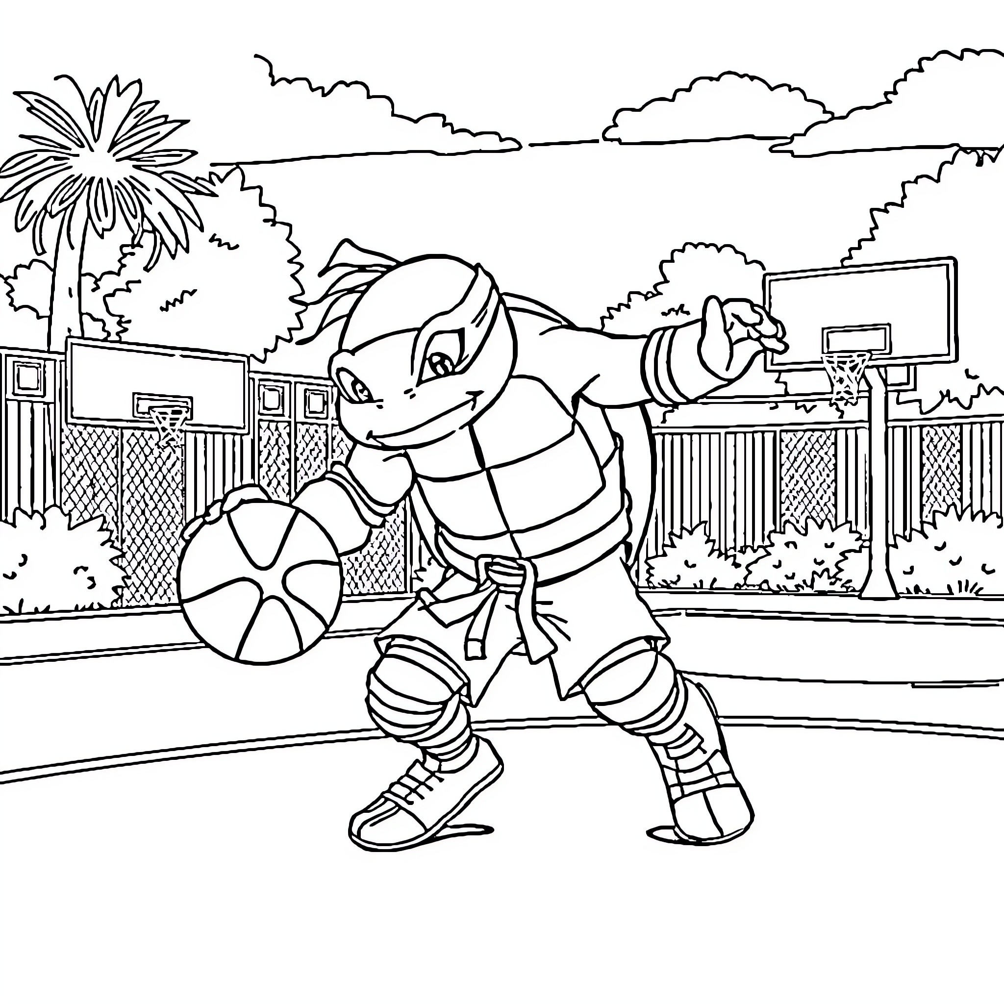 Ninja Turtle Playing Basketball on the Court Coloring Page (free black-and-white line drawing printable PDF for all, from beginners to advanced learners, including children, teens, adults, and seniors)