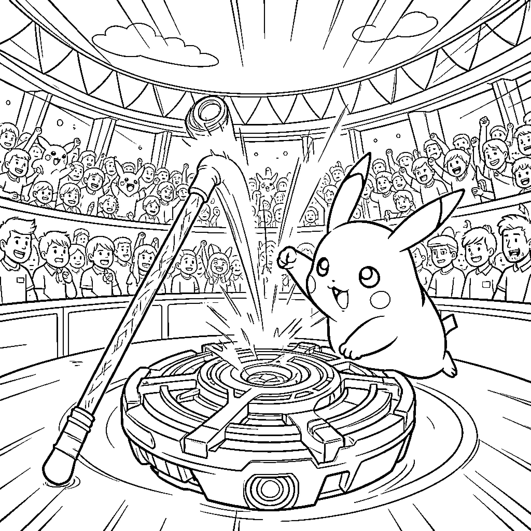 Cane Pokemon Battle in Stadium with Crowd Coloring Page (free black-and-white line drawing printable PDF for all, from beginners to advanced learners, including children, teens, adults, and seniors)