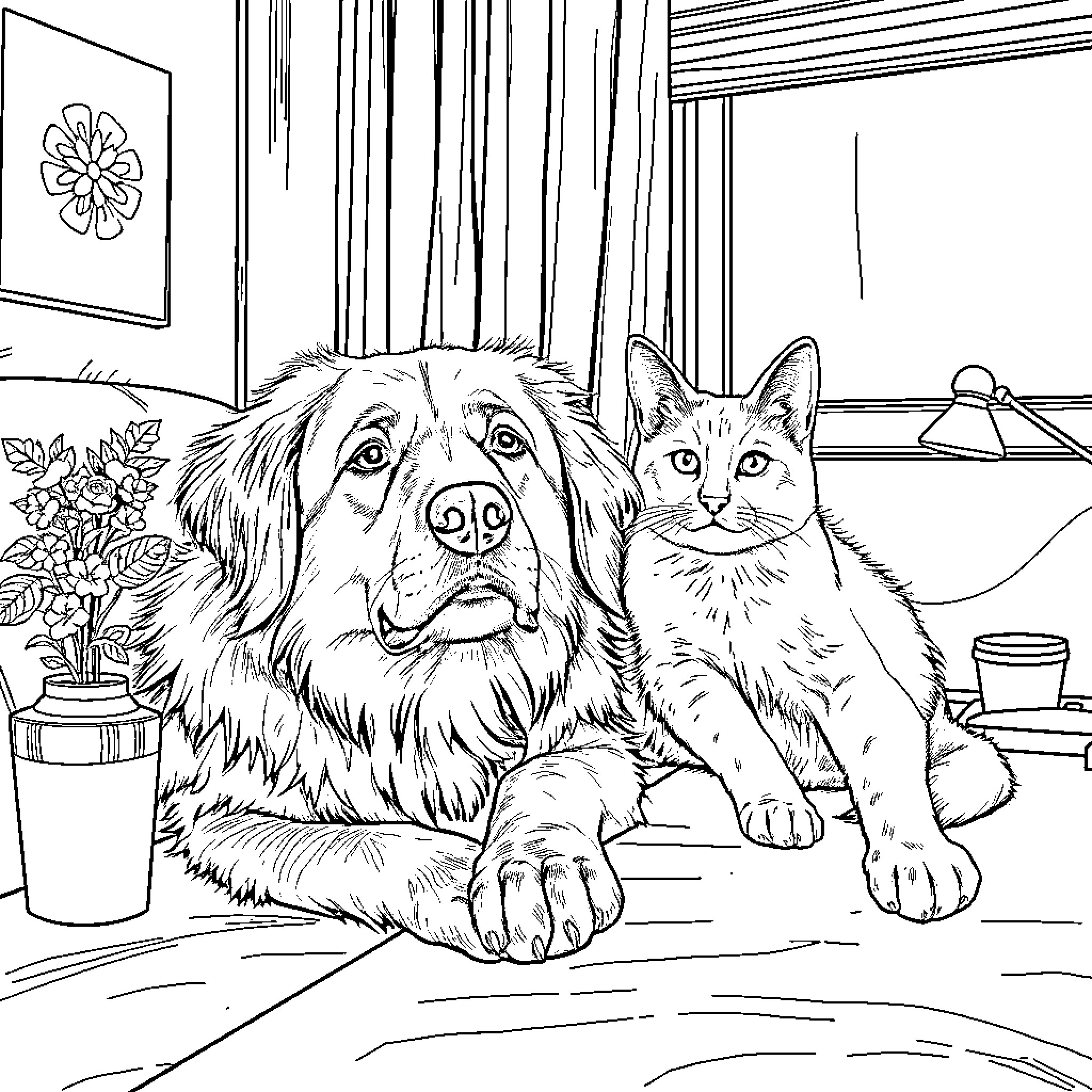Dog and Cat Relaxing Together Indoors Coloring Page (free black-and-white line drawing printable PDF for all, from beginners to advanced learners, including children, teens, adults, and seniors)