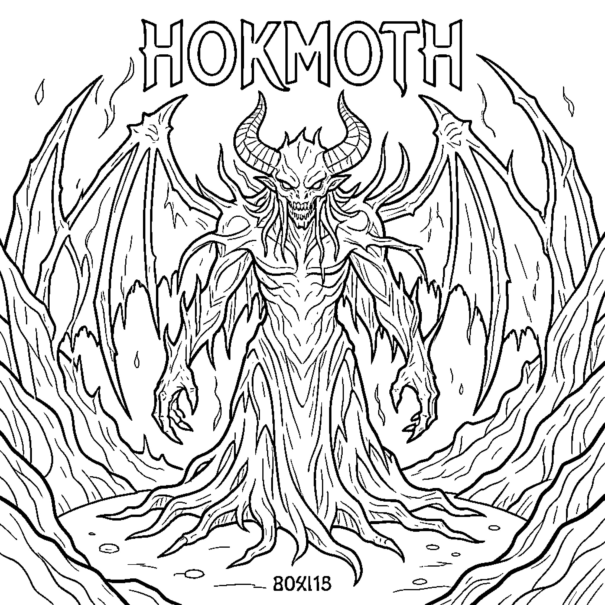 HOKMOTH demonic winged creature standing amidst mystical flames Coloring Page (free black-and-white line drawing printable PDF for all, from beginners to advanced learners, including children, teens, adults, and seniors)