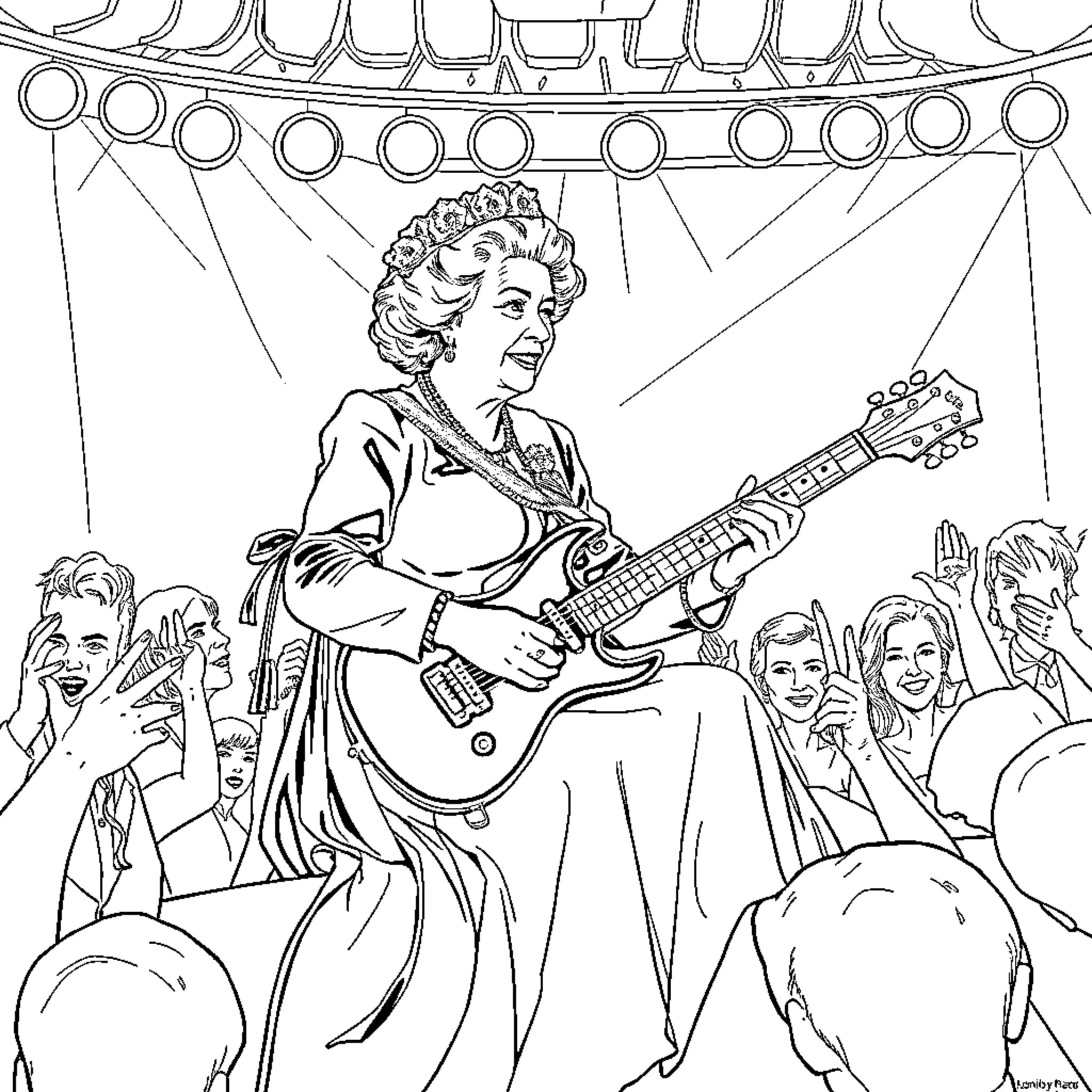 Queen Performing on Stage with Audience Coloring Page (free black-and-white line drawing printable PDF for all, from beginners to advanced learners, including children, teens, adults, and seniors)