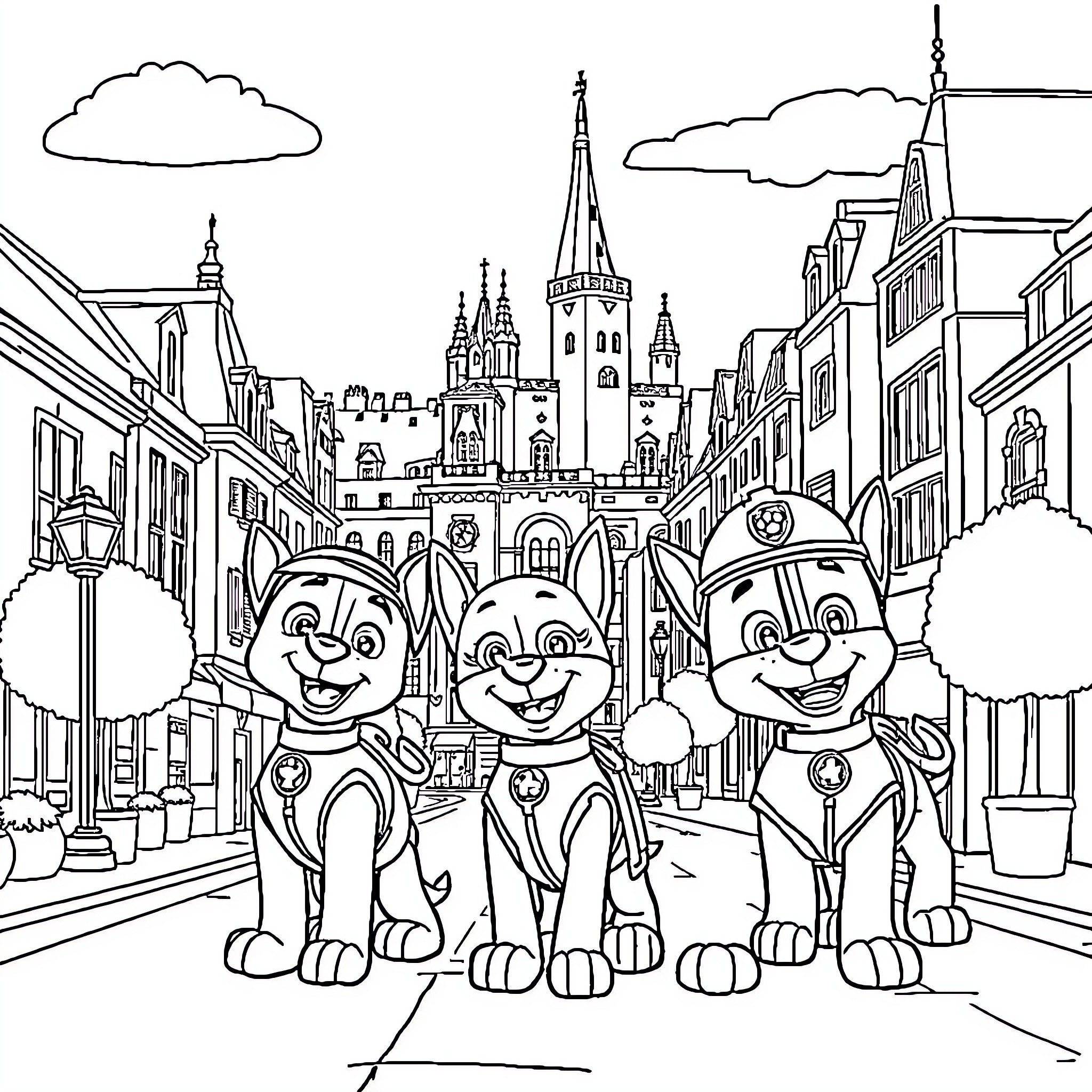 Paw Patrol puppies exploring a medieval city Coloring Page (free black-and-white line drawing printable PDF for all, from beginners to advanced learners, including children, teens, adults, and seniors)