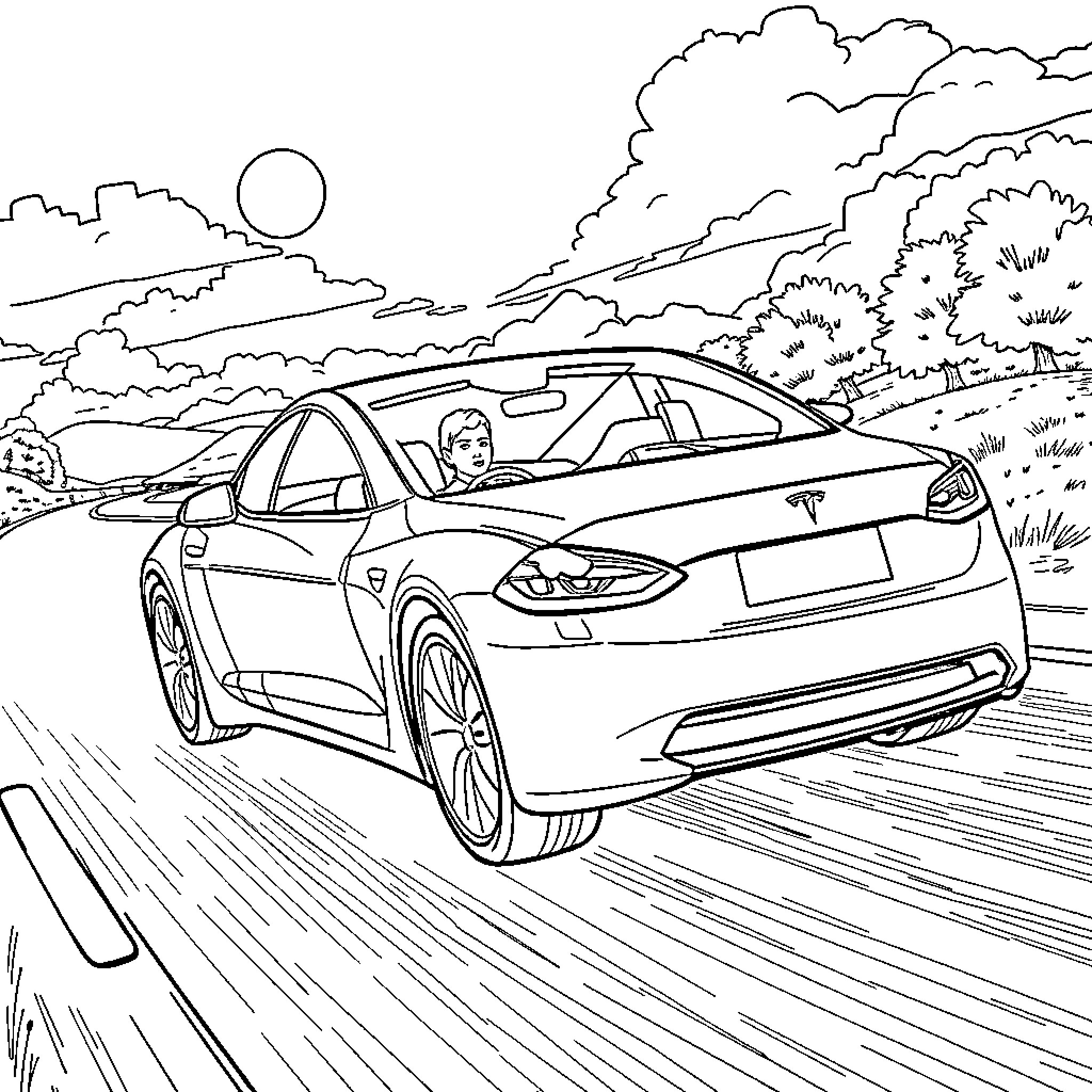 Human driving electric sports car on scenic road Coloring Page (free black-and-white line drawing printable PDF for all, from beginners to advanced learners, including children, teens, adults, and seniors)