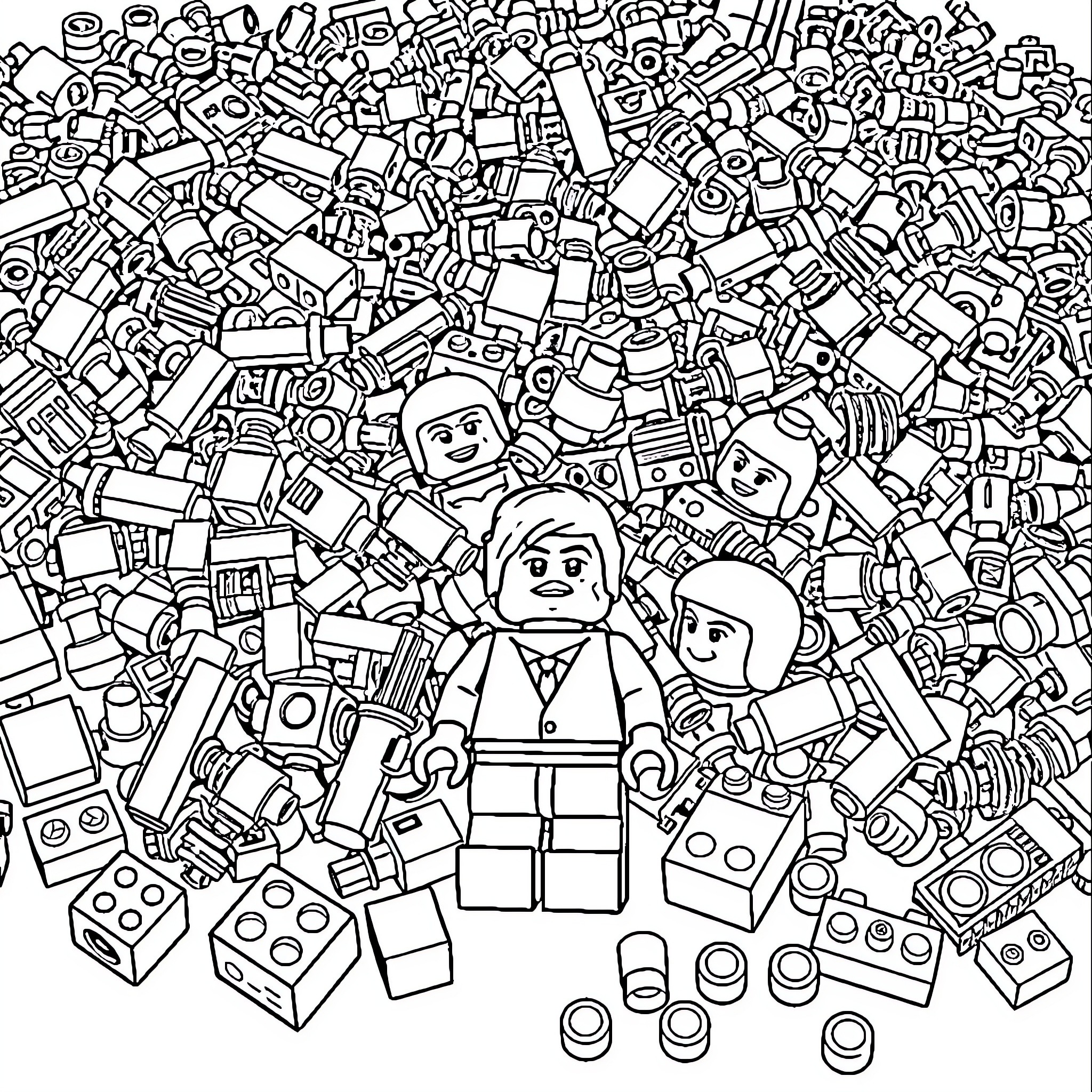 LEGO Minifigures in a Busy Toy Scene Coloring Page (free black-and-white line drawing printable PDF for all, from beginners to advanced learners, including children, teens, adults, and seniors)