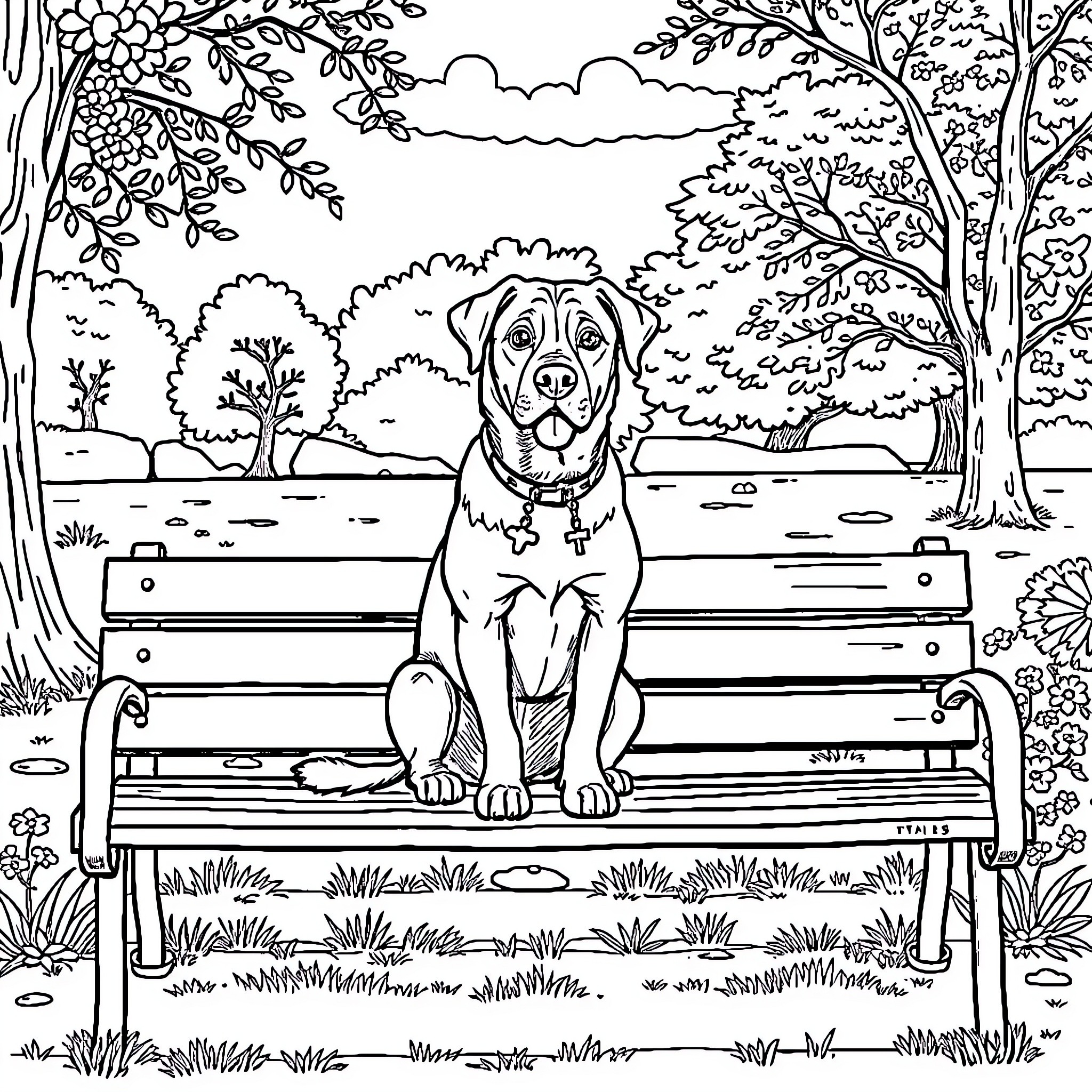 Dag, Dog resting on park bench amid nature Coloring Page (free black-and-white line drawing printable PDF for all, from beginners to advanced learners, including children, teens, adults, and seniors)