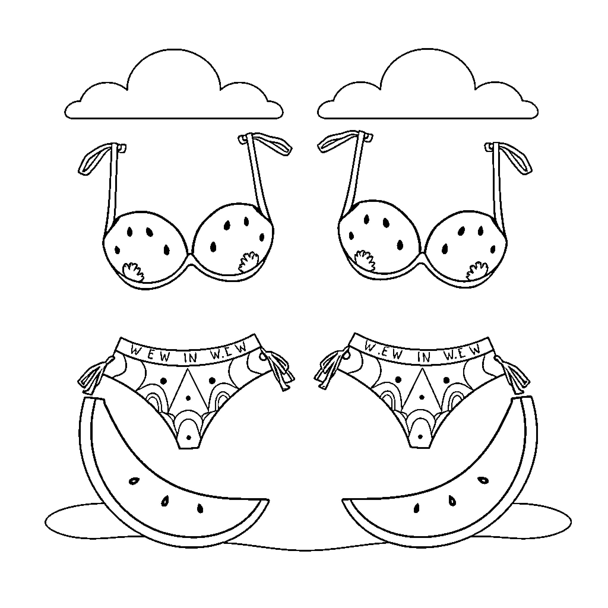 Watermelon swimsuits and silly expressions Coloring Page (free black-and-white line drawing printable PDF for all, from beginners to advanced learners, including children, teens, adults, and seniors)