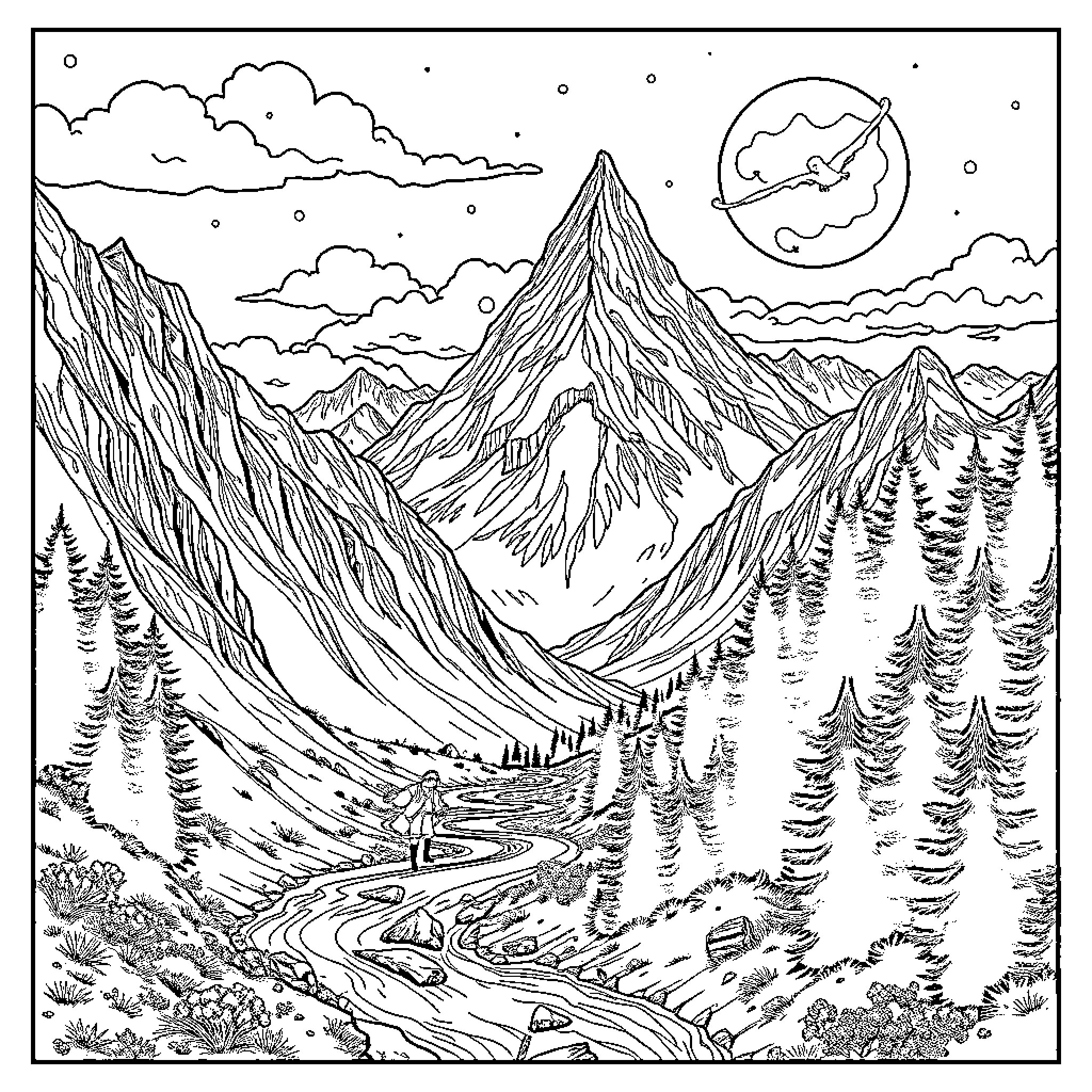 Spirit of the Mountain Landscape Coloring Page (free black-and-white line drawing printable PDF for all, from beginners to advanced learners, including children, teens, adults, and seniors)