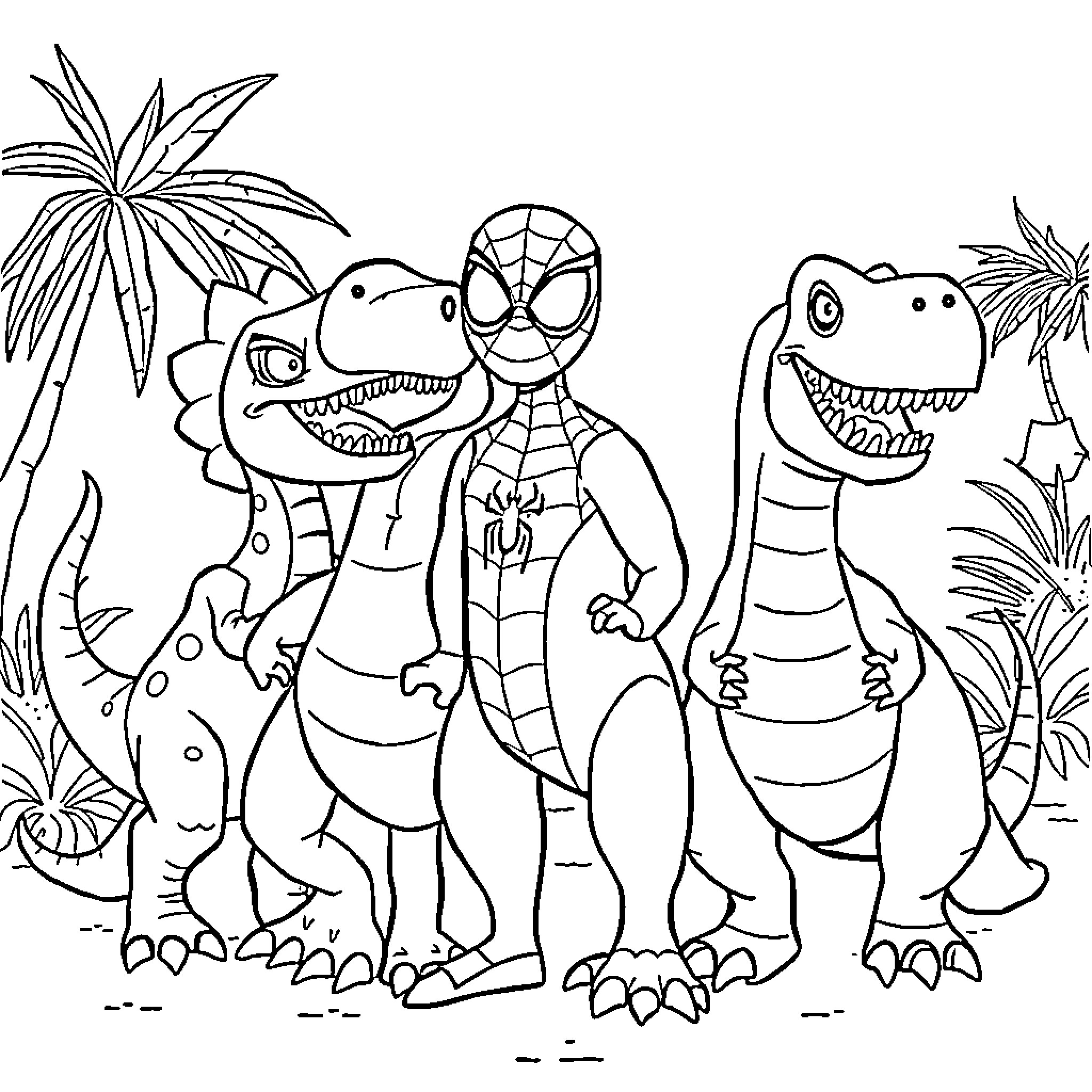 Dinosaur friends explore the jungle Coloring Page (free black-and-white line drawing printable PDF for all, from beginners to advanced learners, including children, teens, adults, and seniors)