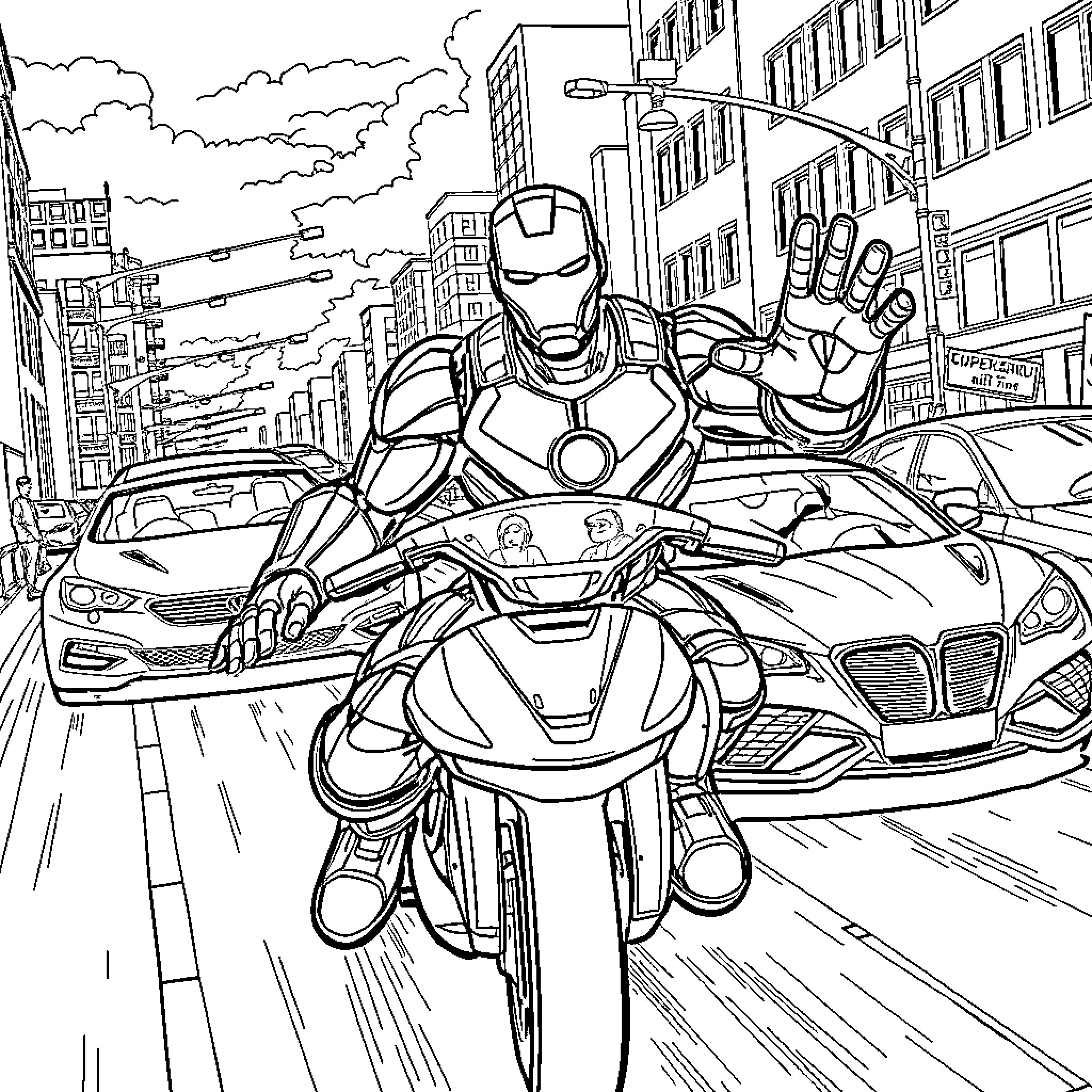 Iron Man riding motorcycle through city street Coloring Page (free black-and-white line drawing printable PDF for all, from beginners to advanced learners, including children, teens, adults, and seniors)
