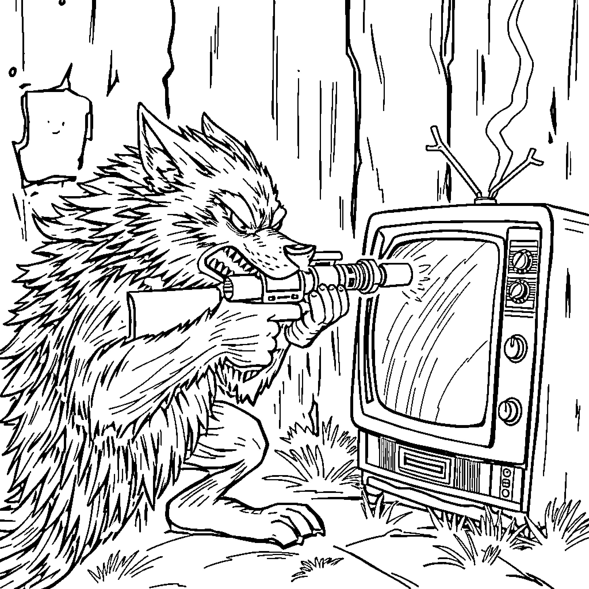 Wolf attacking television set in forest Coloring Page (free black-and-white line drawing printable PDF for all, from beginners to advanced learners, including children, teens, adults, and seniors)
