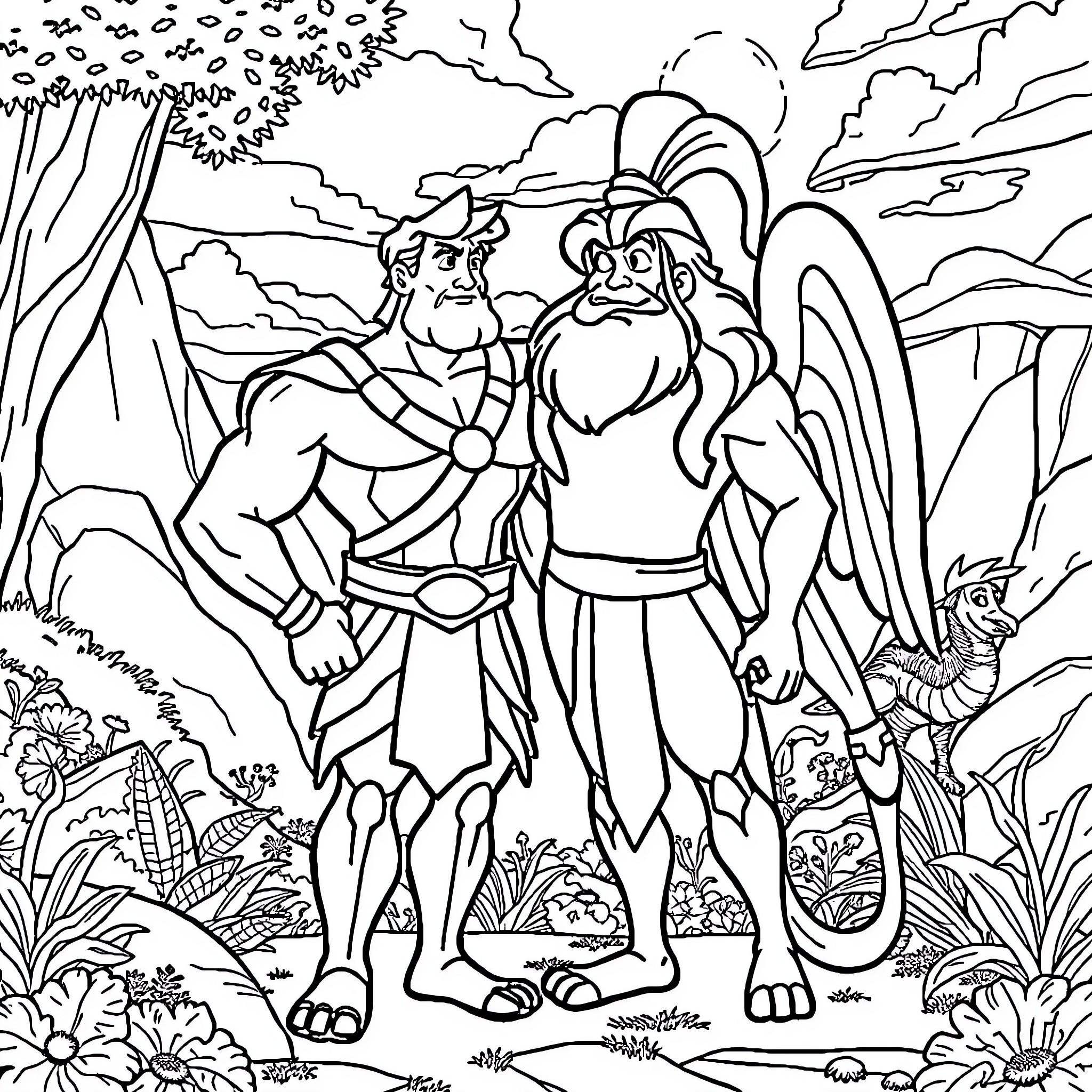Hercules Confronts Nemean Lion in Mythological Scene Coloring Page (free black-and-white line drawing printable PDF for all, from beginners to advanced learners, including children, teens, adults, and seniors)