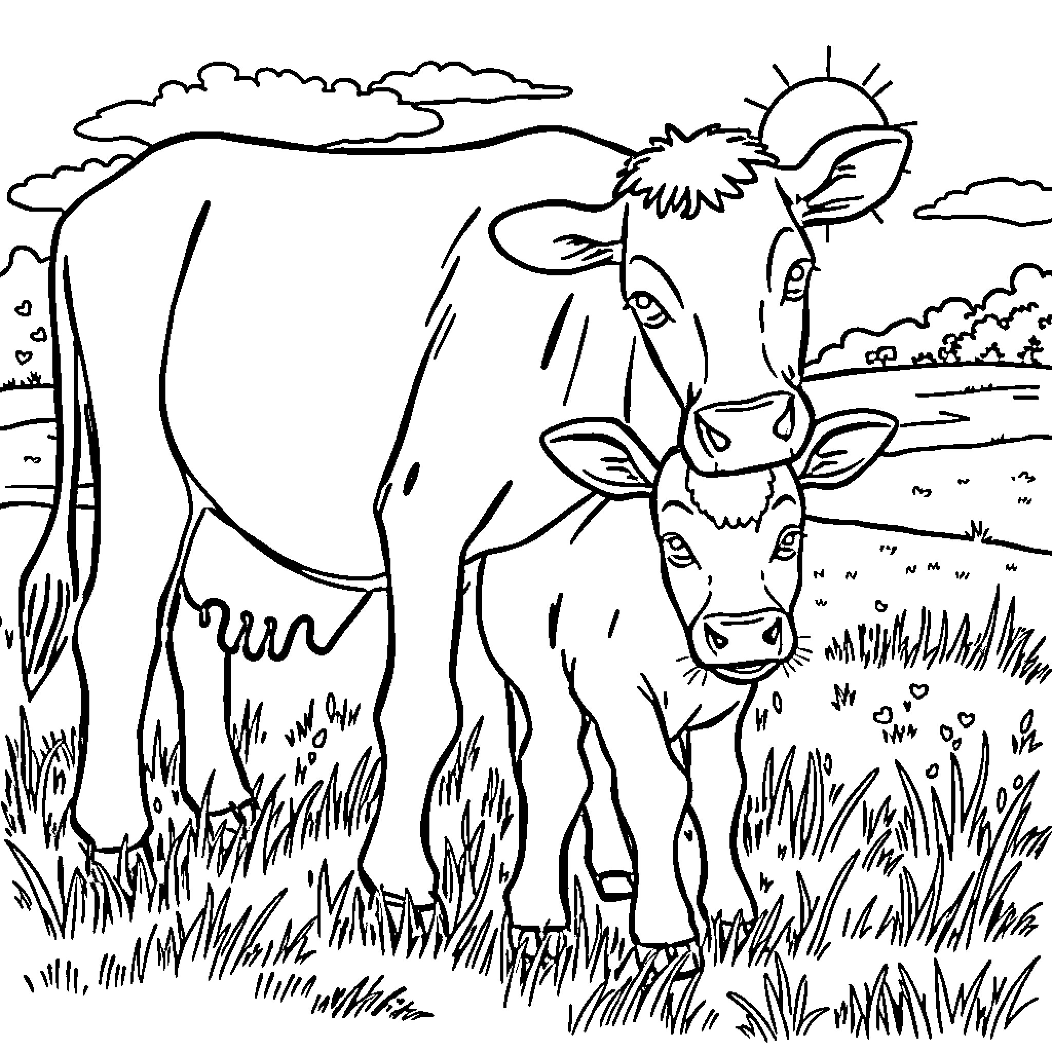 Calf grazing peacefully in the countryside Coloring Page (free black-and-white line drawing printable PDF for all, from beginners to advanced learners, including children, teens, adults, and seniors)