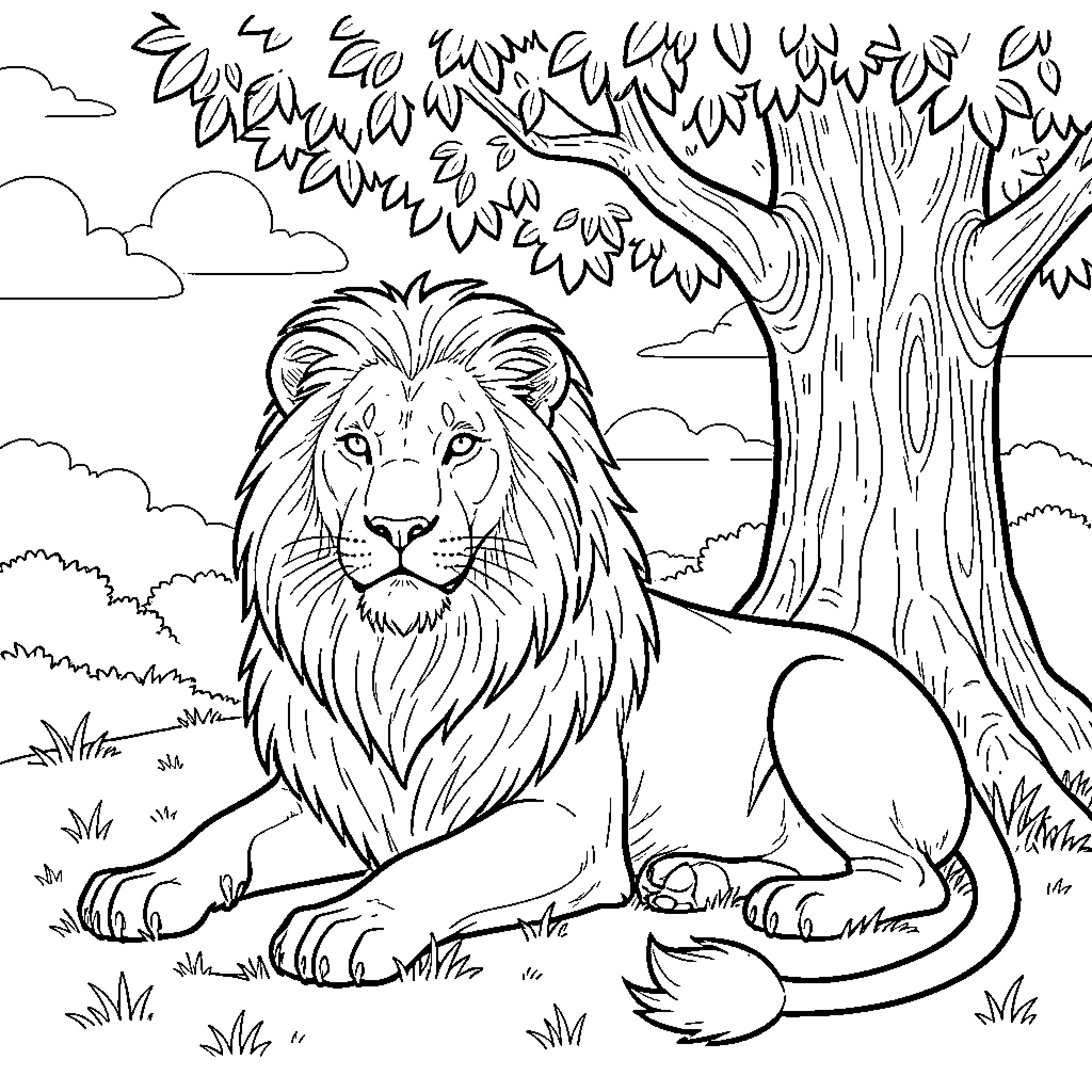 Lion resting calmly in natural landscape Coloring Page (free black-and-white line drawing printable PDF for all, from beginners to advanced learners, including children, teens, adults, and seniors)