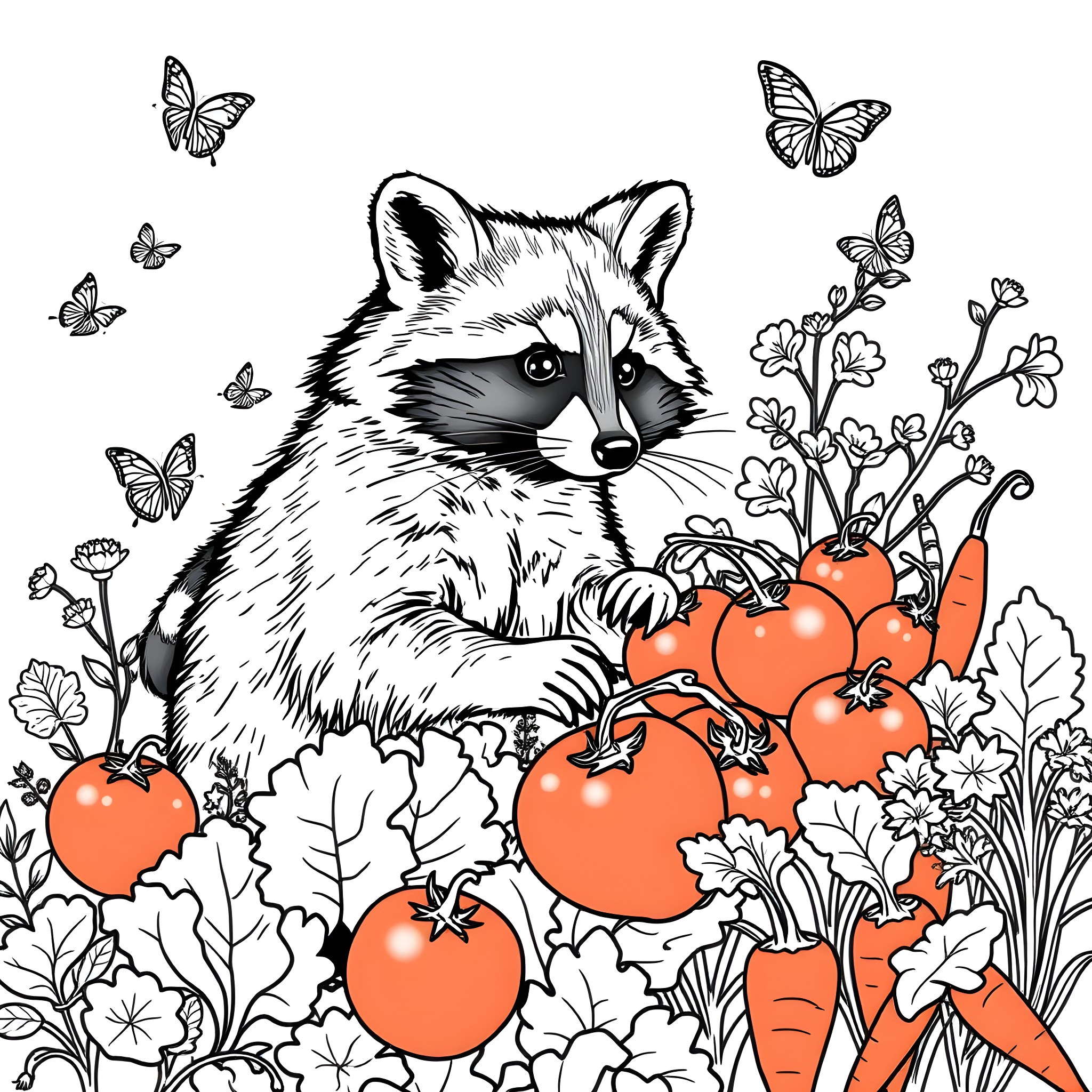 Raccoon exploring a garden with butterflies Coloring Page (free black-and-white line drawing printable PDF for all, from beginners to advanced learners, including children, teens, adults, and seniors)
