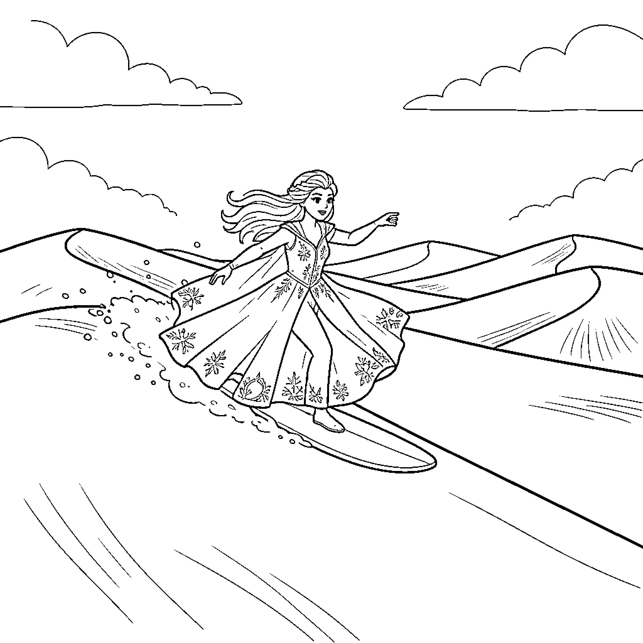 Reine surfing gracefully on sand dunes Coloring Page (free black-and-white line drawing printable PDF for all, from beginners to advanced learners, including children, teens, adults, and seniors)