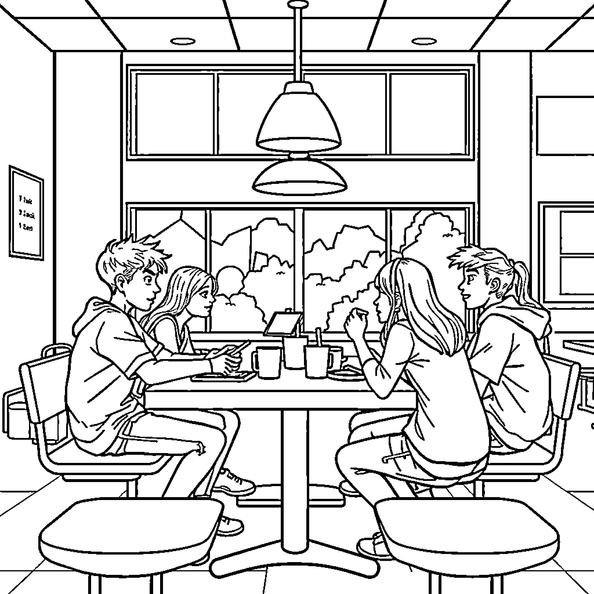 Breakfast Club: Friends Chatting and Enjoying Meal Together Coloring Page (free black-and-white line drawing printable PDF for all, from beginners to advanced learners, including children, teens, adults, and seniors)
