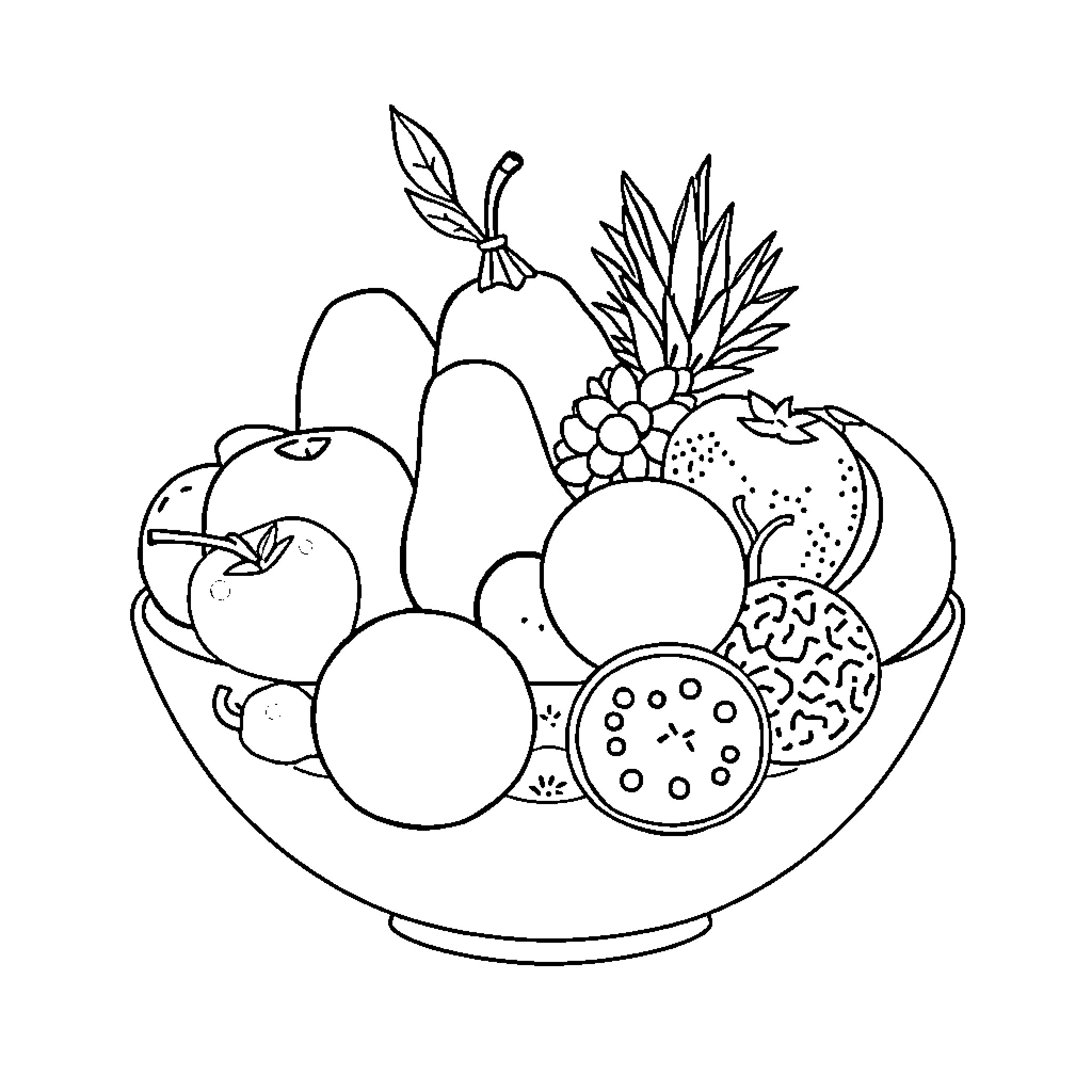 Fruit Bowl of Delightful Variety Coloring Page (free black-and-white line drawing printable PDF for all, from beginners to advanced learners, including children, teens, adults, and seniors)