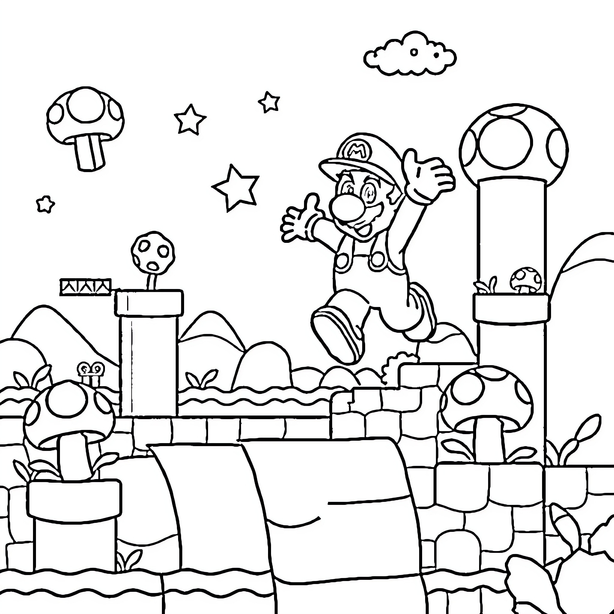 Super Mario Jumping Through Mushroom Kingdom Landscape Coloring Page (free black-and-white line drawing printable PDF for all, from beginners to advanced learners, including children, teens, adults, and seniors)