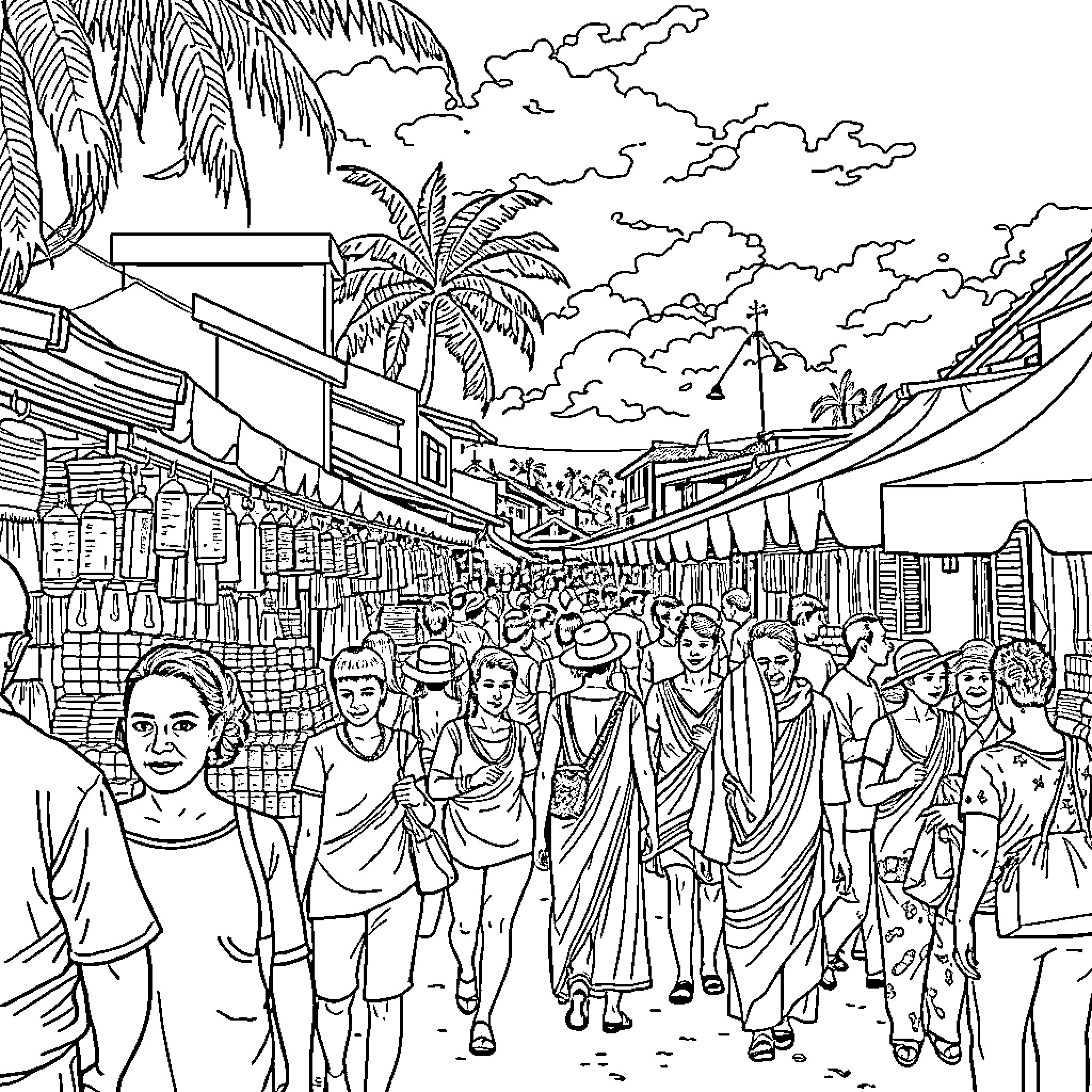 Gabonak's Vibrant Street Scene with Bustling Crowd Coloring Page (free black-and-white line drawing printable PDF for all, from beginners to advanced learners, including children, teens, adults, and seniors)