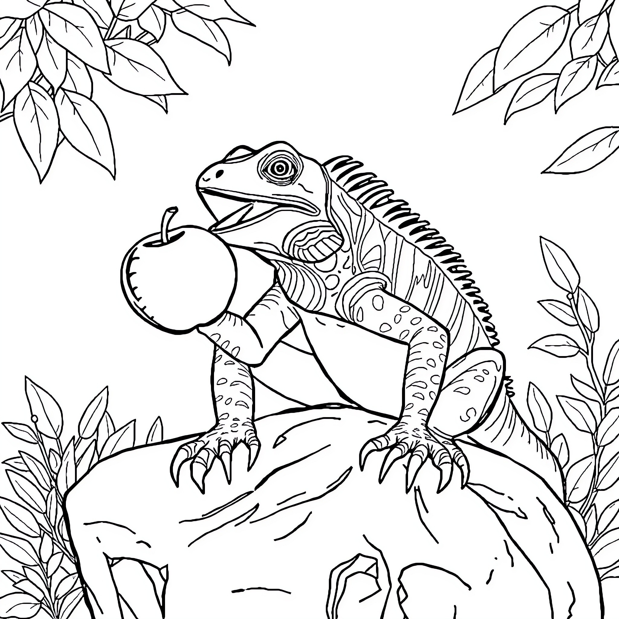 Iguana enjoying a crisp apple in the forest Coloring Page (free black-and-white line drawing printable PDF for all, from beginners to advanced learners, including children, teens, adults, and seniors)