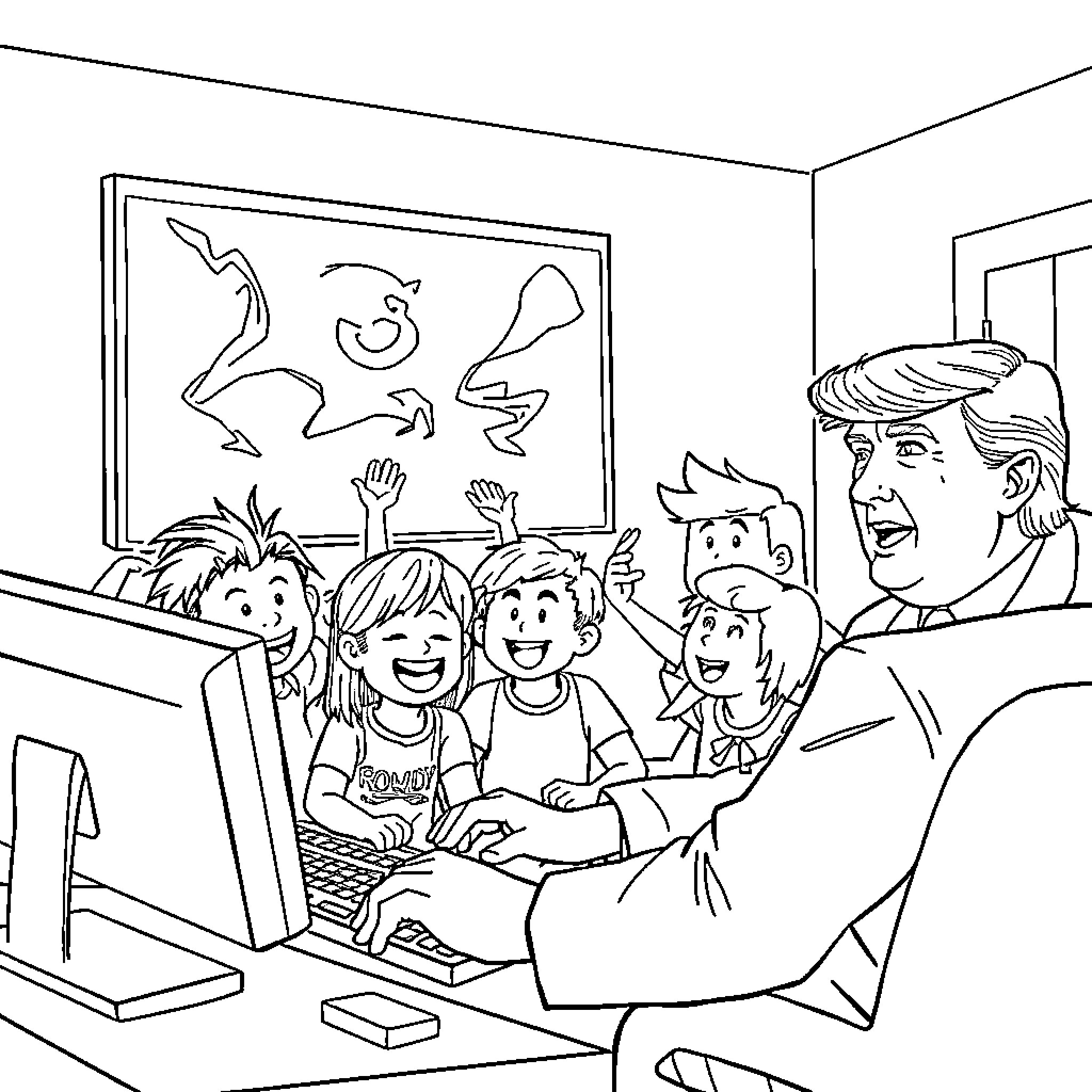 Snoop Dog Interacts with Students in Computer Class Coloring Page (free black-and-white line drawing printable PDF for all, from beginners to advanced learners, including children, teens, adults, and seniors)