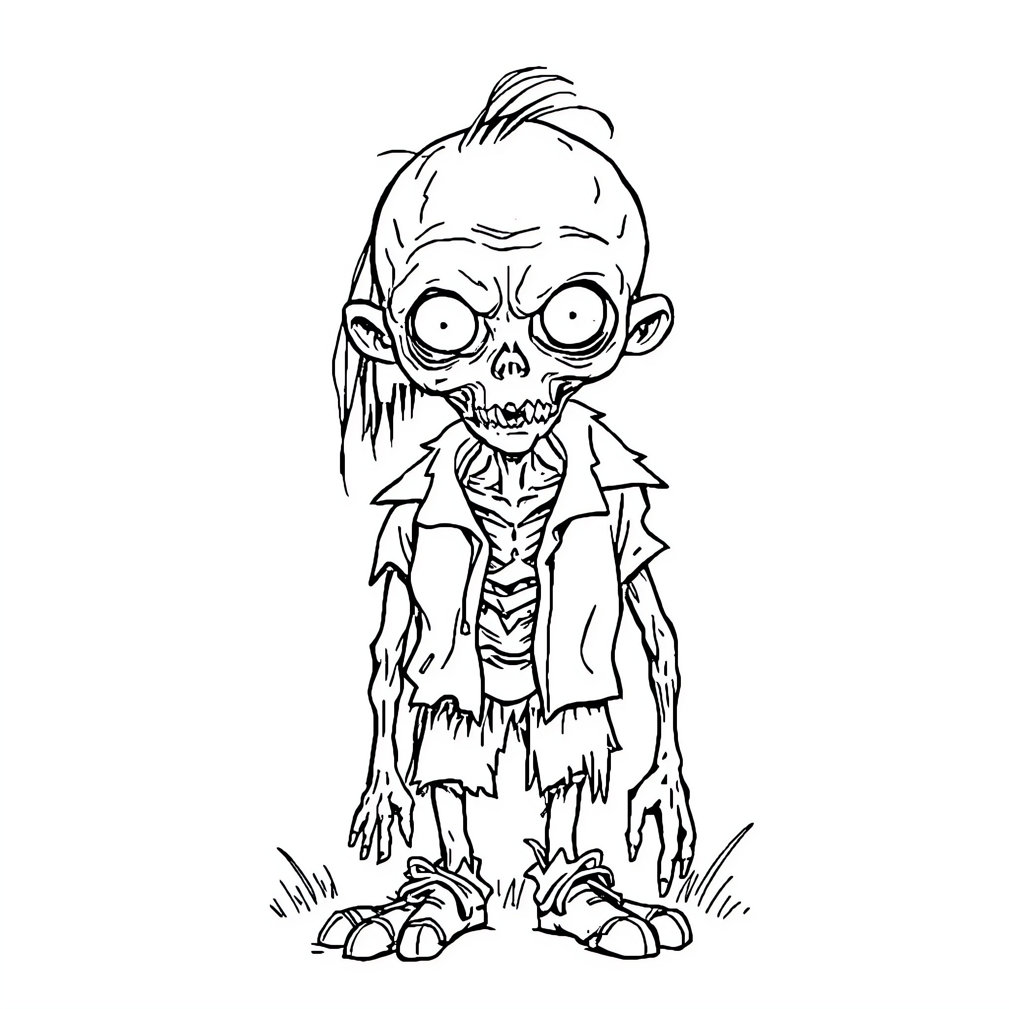 Zombie creature with gruesome appearance and tattered clothing Coloring Page (free black-and-white line drawing printable PDF for all, from beginners to advanced learners, including children, teens, adults, and seniors)