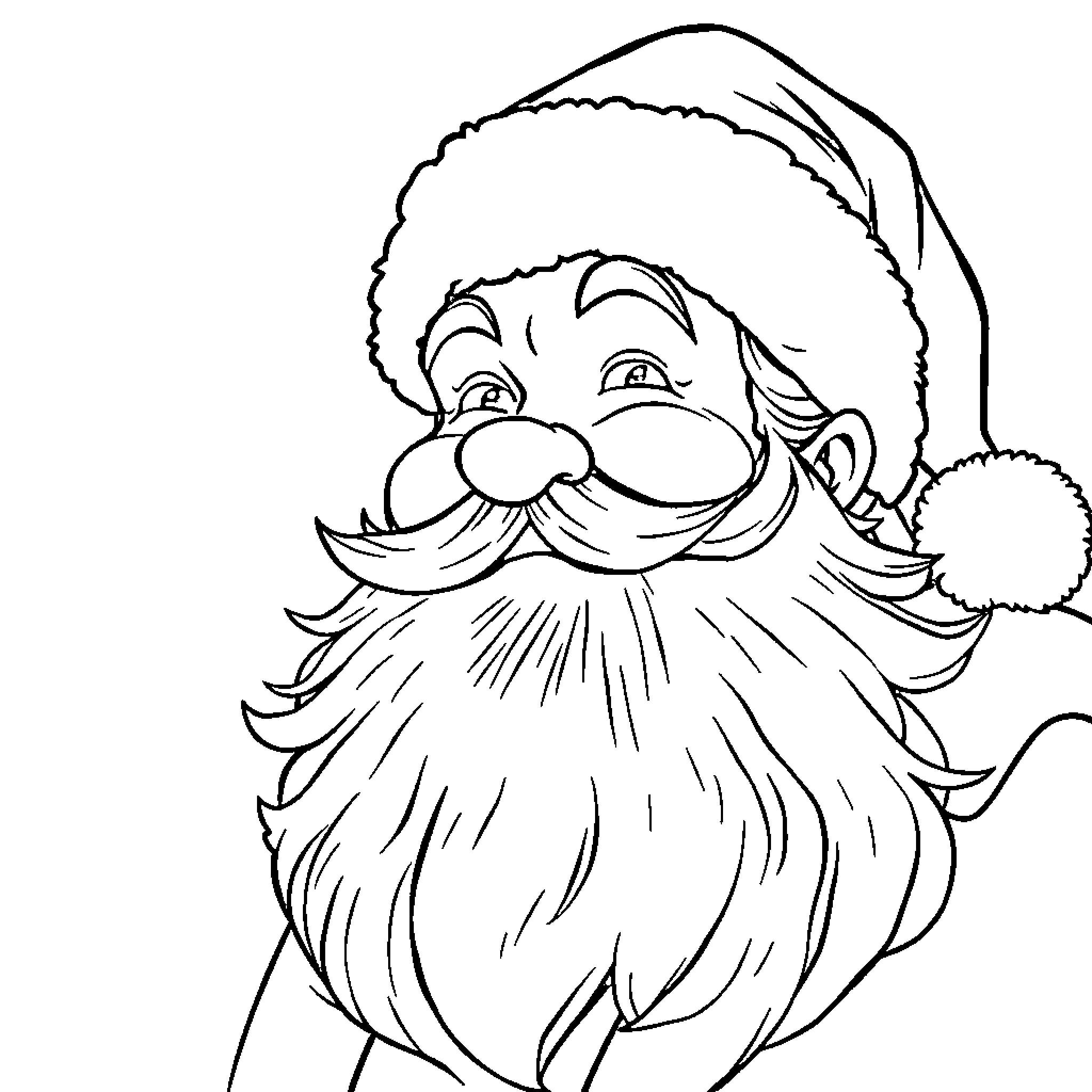 Santa Claus with a cheerful expression and a fluffy beard Coloring Page (free black-and-white line drawing printable PDF for all, from beginners to advanced learners, including children, teens, adults, and seniors)