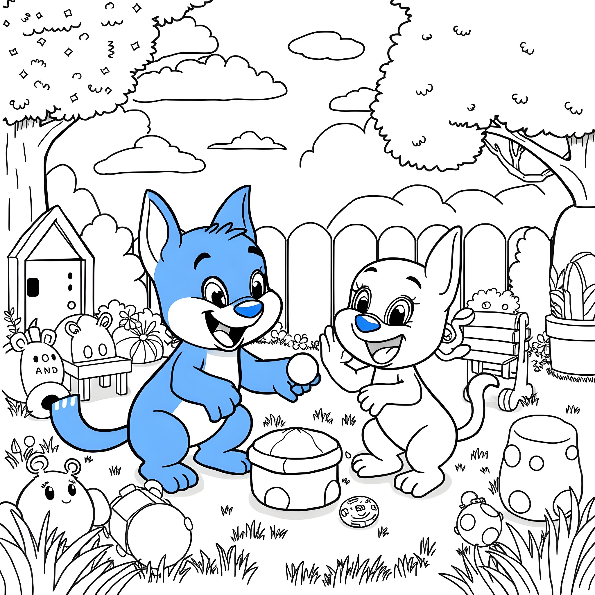Bluey and Friends Enjoying a Playful Day Outdoors Coloring Page (free black-and-white line drawing printable PDF for all, from beginners to advanced learners, including children, teens, adults, and seniors)