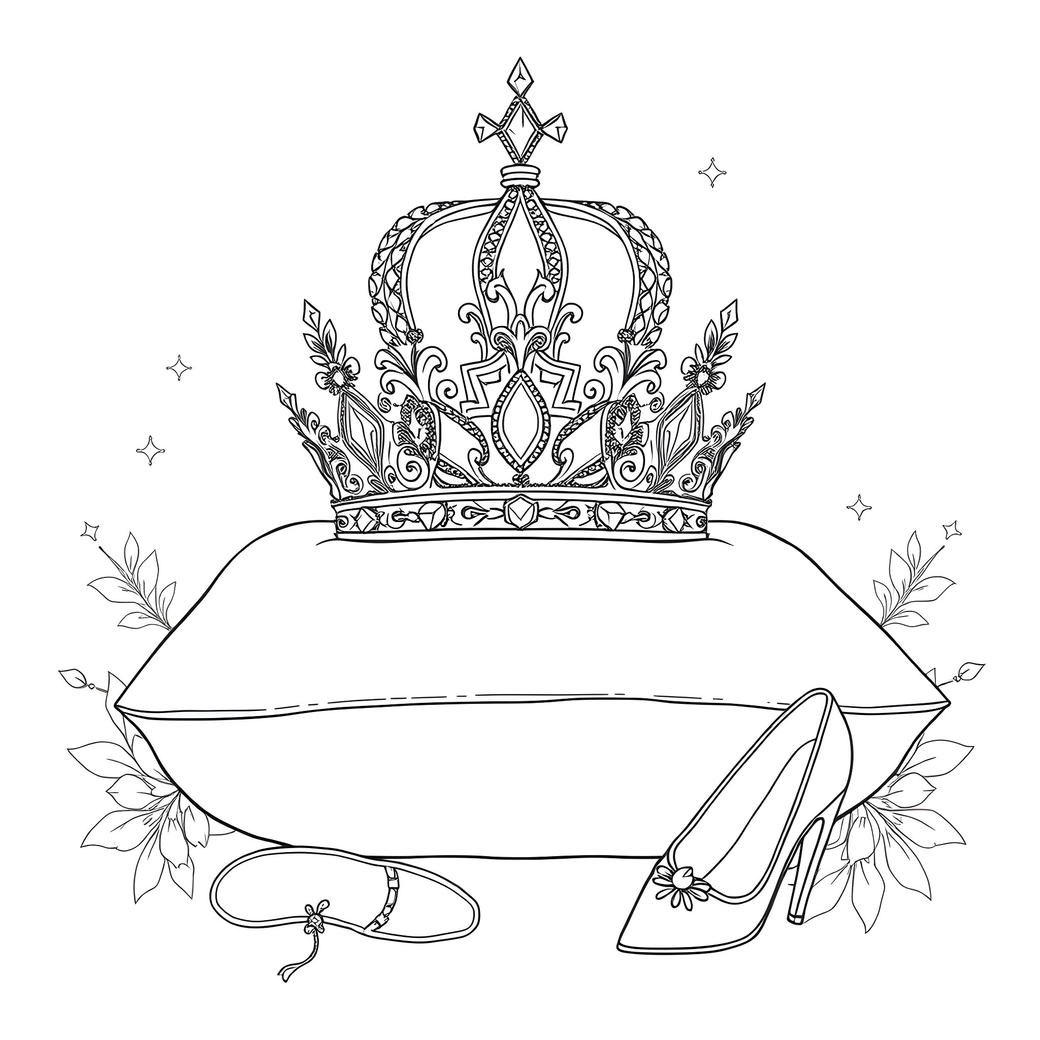 Cinderella's glass slippers and crown Coloring Page (free black-and-white line drawing printable PDF for all, from beginners to advanced learners, including children, teens, adults, and seniors)
