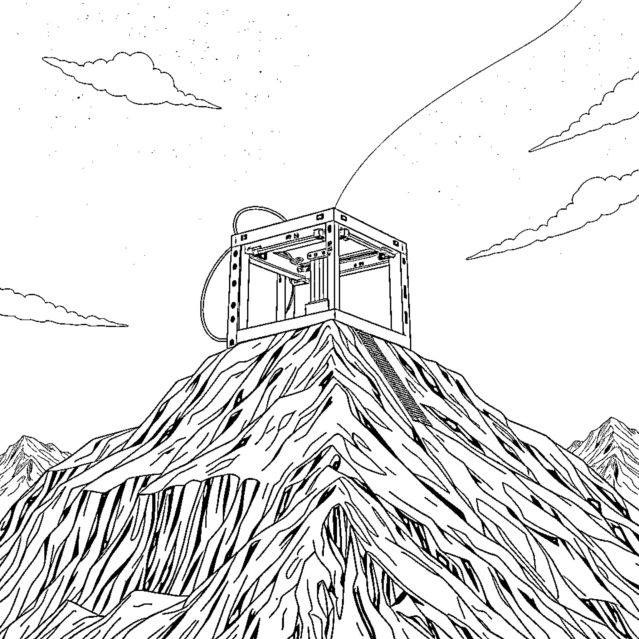 3D Printer emerging from rugged mountainous terrain Coloring Page (free black-and-white line drawing printable PDF for all, from beginners to advanced learners, including children, teens, adults, and seniors)