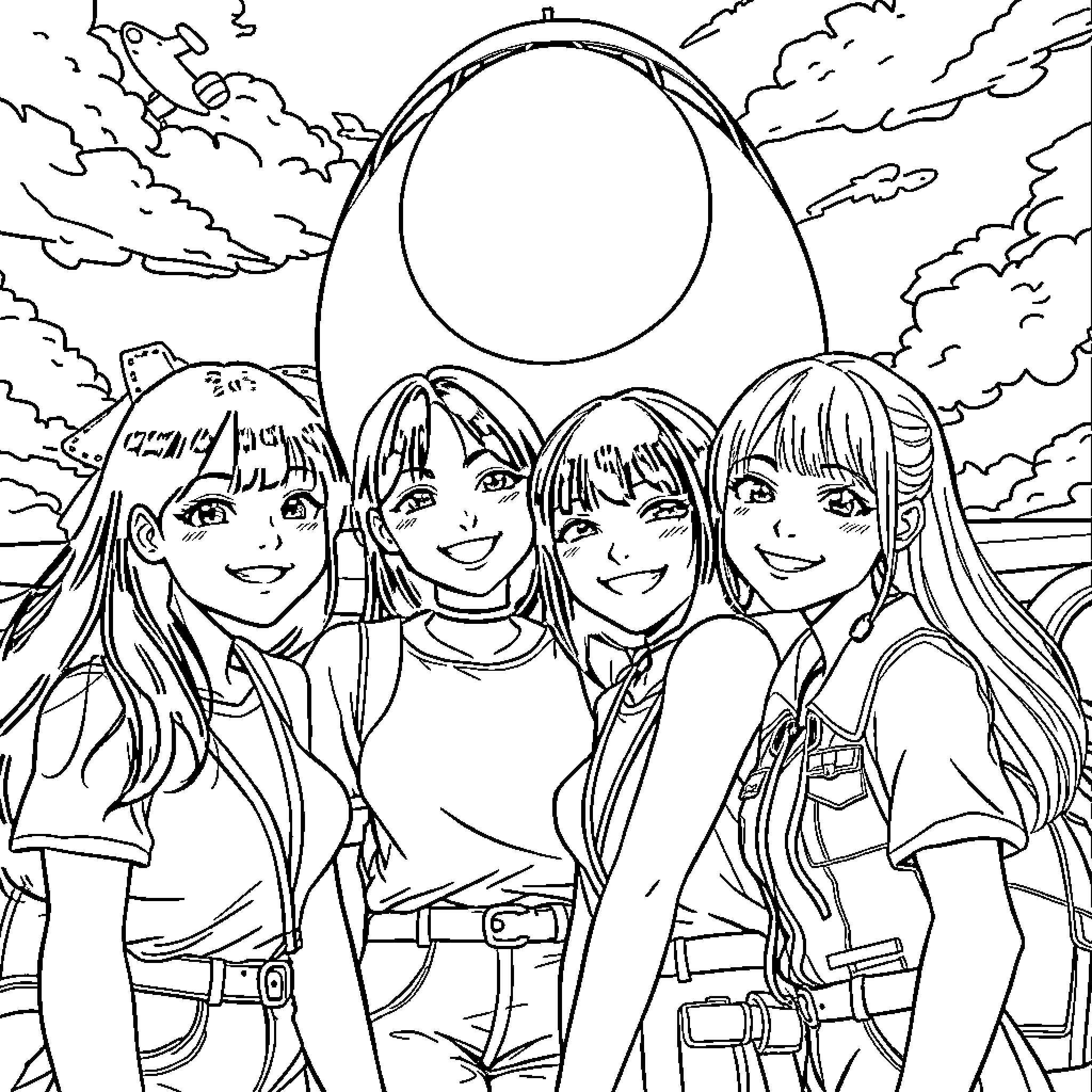 Katseye friends exploring the outdoors Coloring Page (free black-and-white line drawing printable PDF for all, from beginners to advanced learners, including children, teens, adults, and seniors)