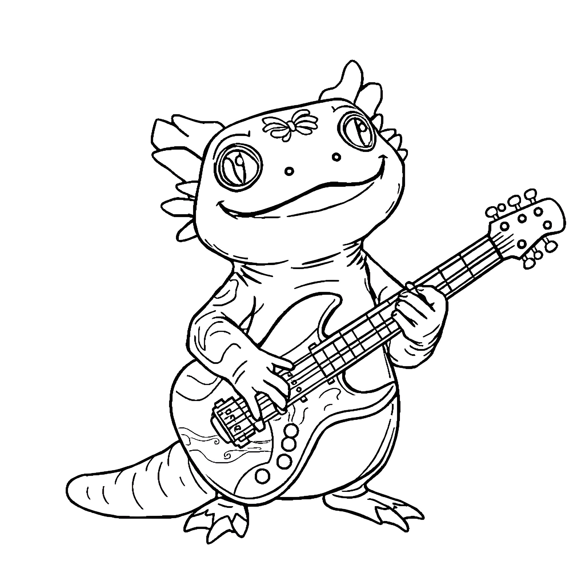 Axolotl playing electric guitar cheerfully Coloring Page (free black-and-white line drawing printable PDF for all, from beginners to advanced learners, including children, teens, adults, and seniors)
