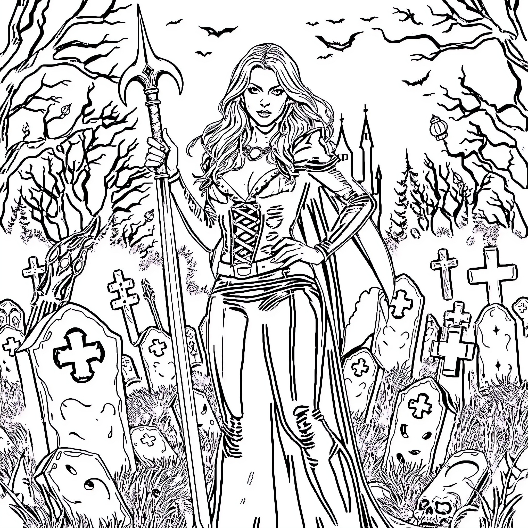 Britney Spears in a medieval fantasy scene Coloring Page (free black-and-white line drawing printable PDF for all, from beginners to advanced learners, including children, teens, adults, and seniors)