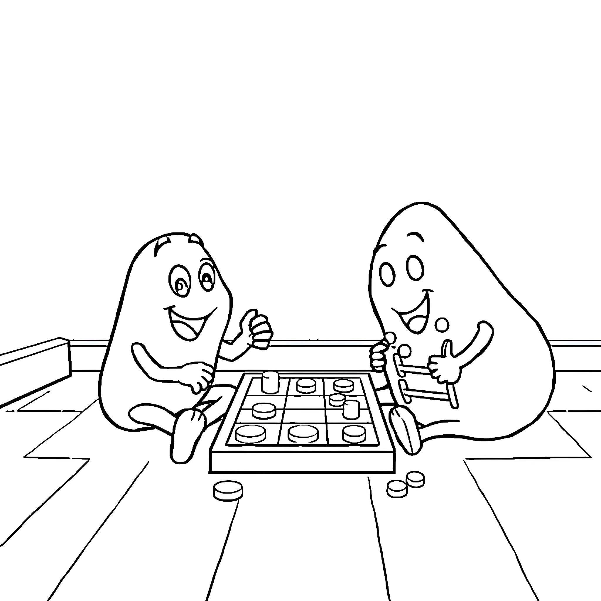 Chip and Potato playing a board game happily Coloring Page (free black-and-white line drawing printable PDF for all, from beginners to advanced learners, including children, teens, adults, and seniors)