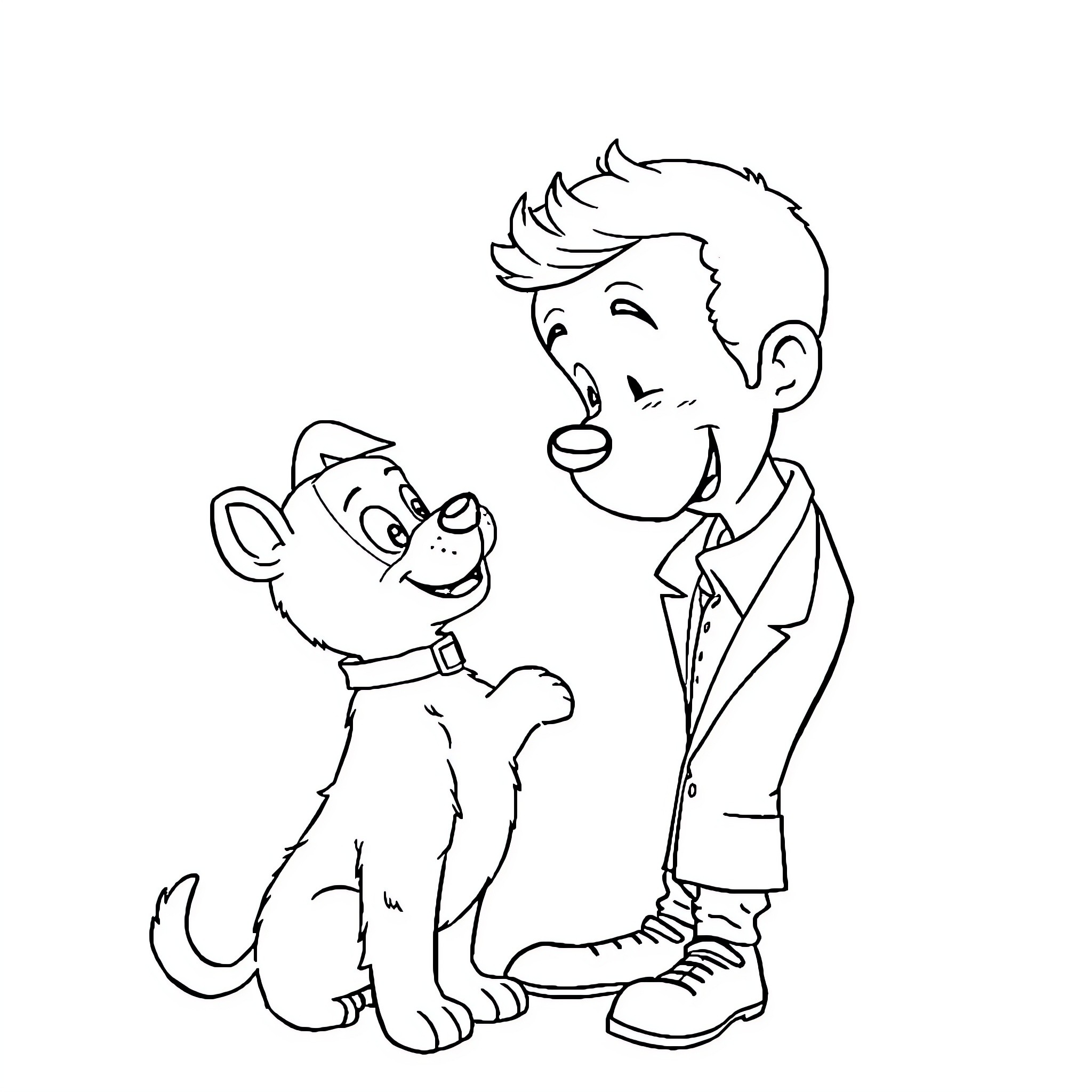 Dog and boy sharing a friendly moment Coloring Page (free black-and-white line drawing printable PDF for all, from beginners to advanced learners, including children, teens, adults, and seniors)