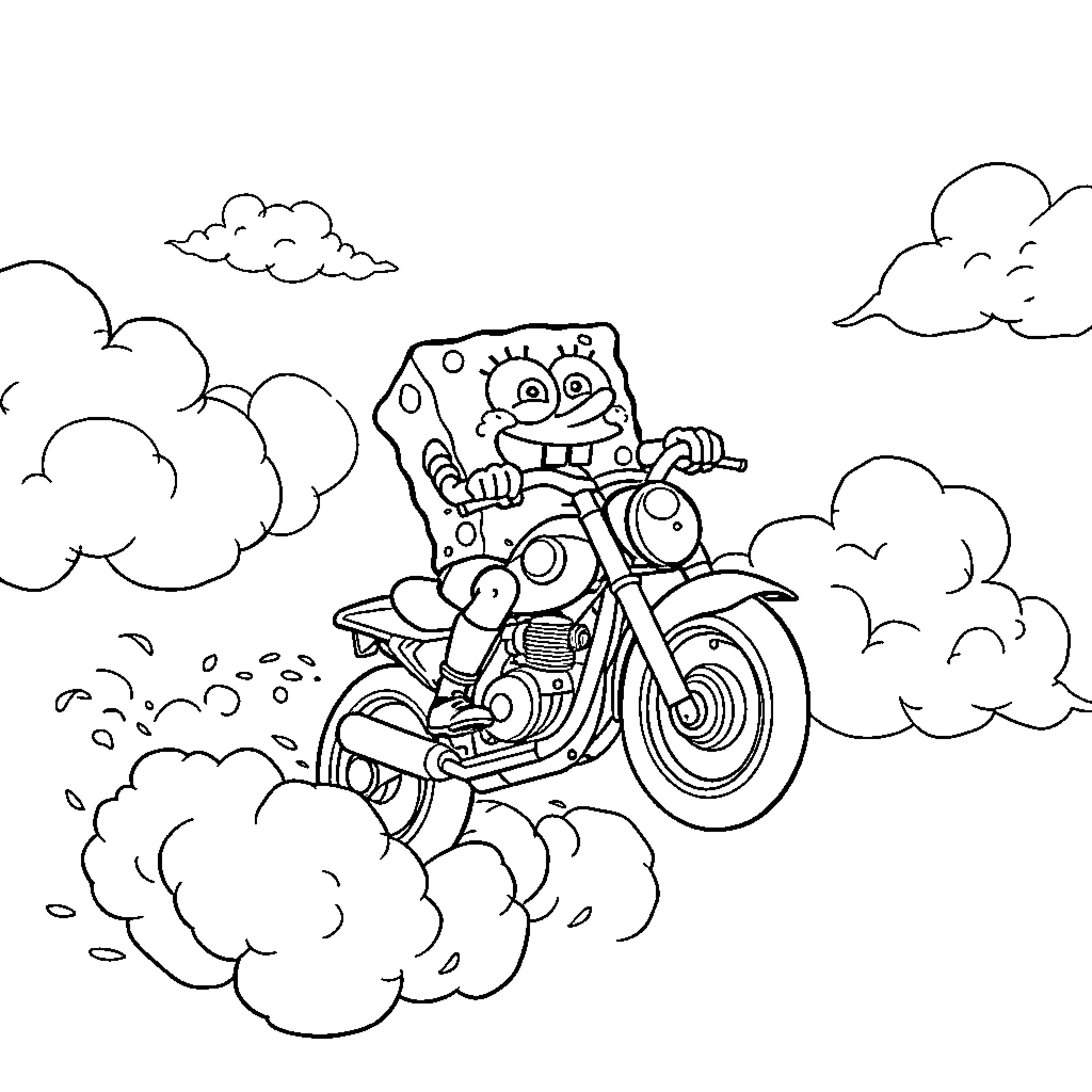 Spongebob riding a motorcycle through the clouds Coloring Page (free black-and-white line drawing printable PDF for all, from beginners to advanced learners, including children, teens, adults, and seniors)