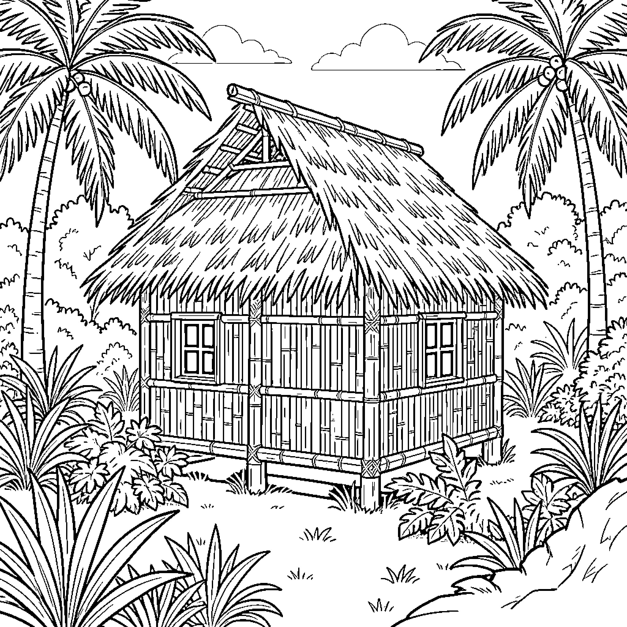 Bahay Kubo standing amidst tropical palm trees and lush plants Coloring Page (free black-and-white line drawing printable PDF for all, from beginners to advanced learners, including children, teens, adults, and seniors)