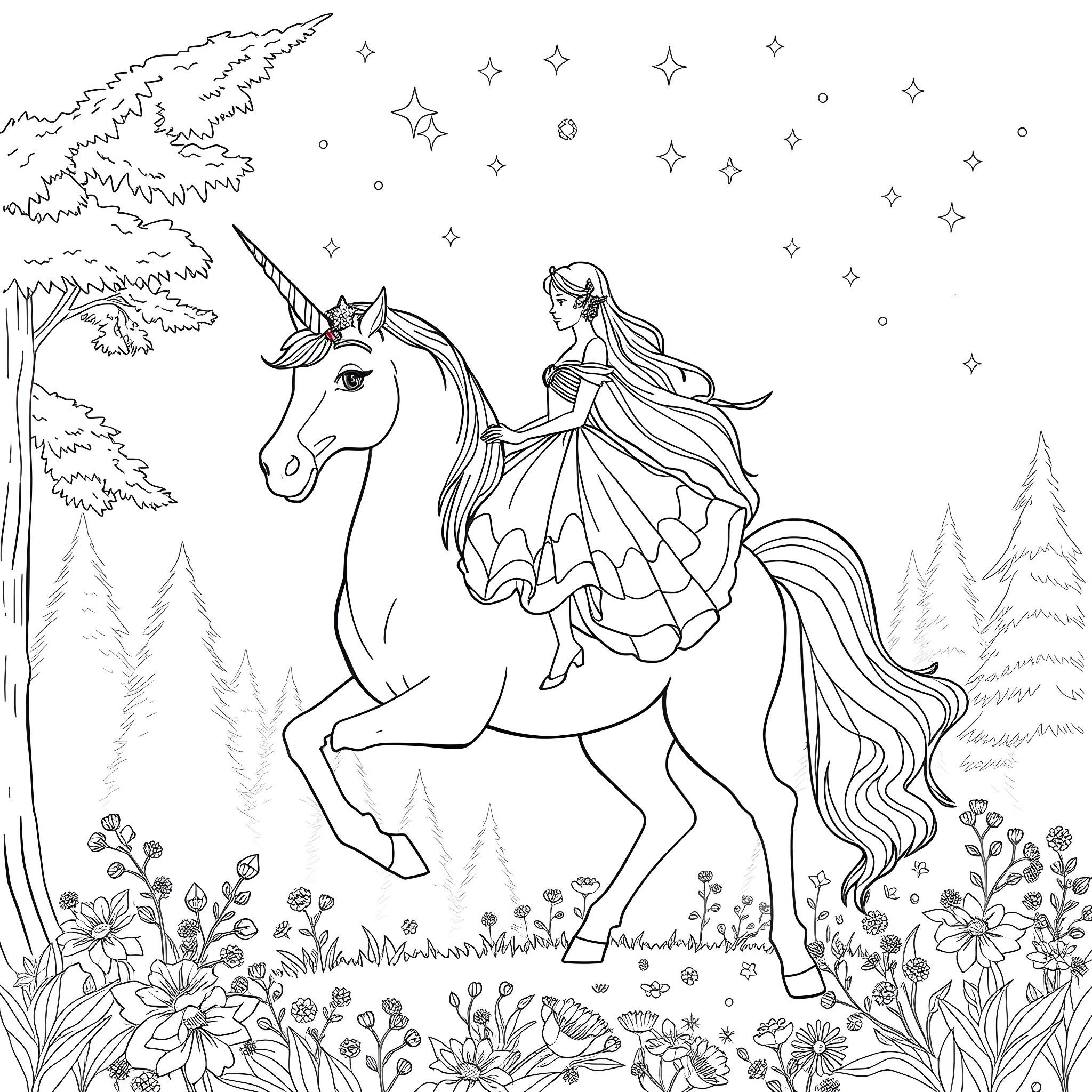 Princess Riding a Magical Unicorn in a Starry Forest Coloring Page (free black-and-white line drawing printable PDF for all, from beginners to advanced learners, including children, teens, adults, and seniors)