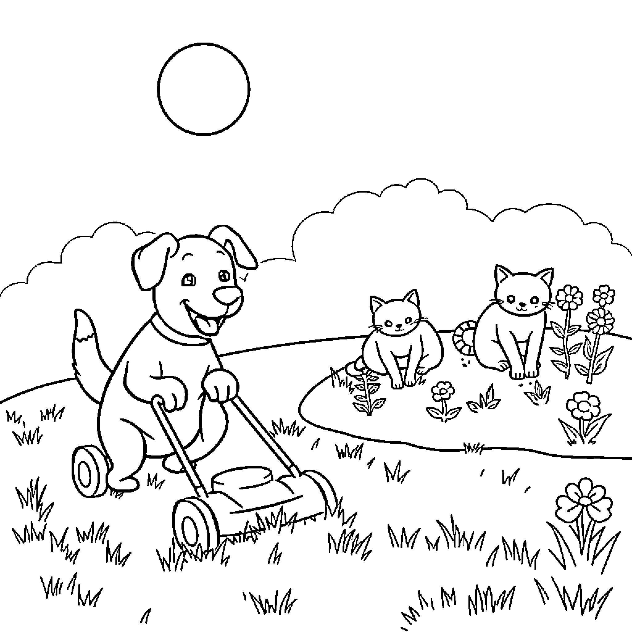 Dog mowing grass with cats in the park Coloring Page (free black-and-white line drawing printable PDF for all, from beginners to advanced learners, including children, teens, adults, and seniors)